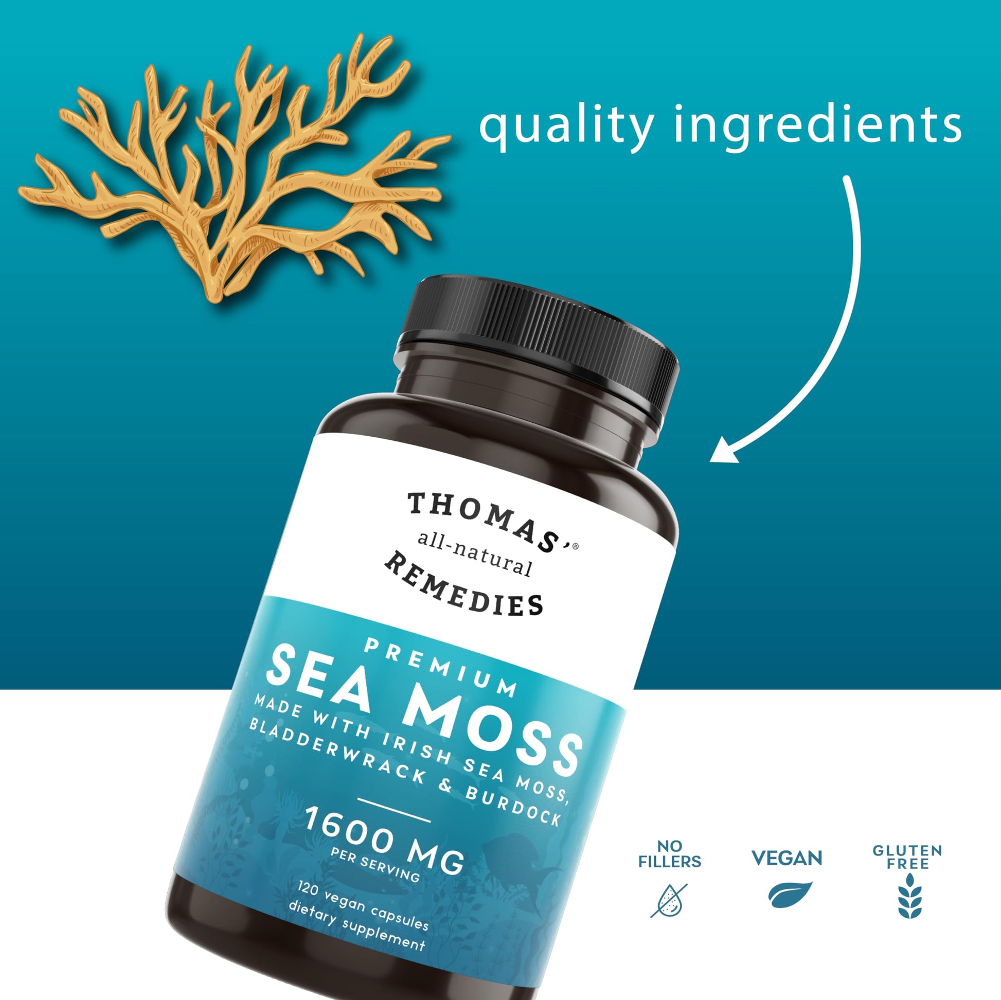 Thomas' all-natural Remedies Irish Sea Moss Capsules, Sea Moss with Bladderwrack & Burdock Root Organic for Gut Health, Digestion, Energy & Immune Support, 120 Seamoss Pills Thomas' all-natural RemediesAu supplements
