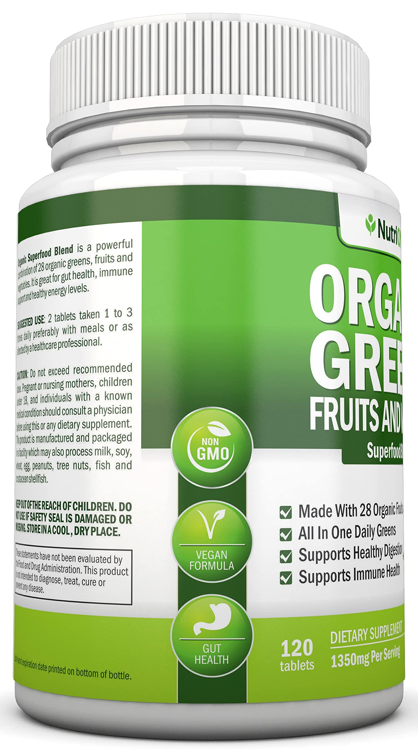 Organic Super Greens Capsules - Fruit And Vegetable Supplements - 120 Count - 28 USDA Organic & Vegan Premium Ingredients - Superfood Blend For Immune Health, Digestion & Energy - Whole Food Vitamins NutriONNAu supplements