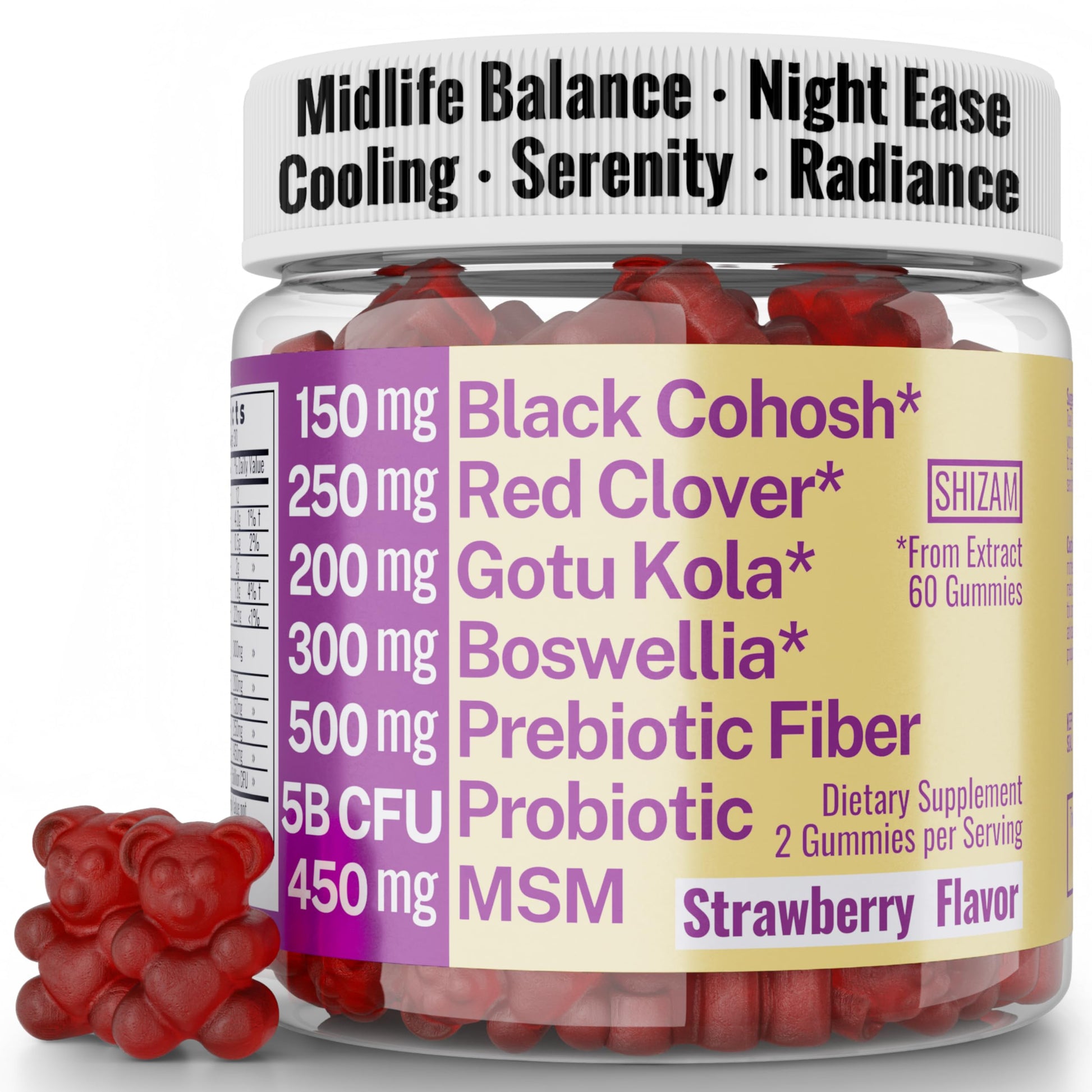 Boswellia Serrata Black Cohosh Gotu Kola Red Clover Extract Complex Gummies w. Probiotic Fiber (Chicory Root Inulin) MSM Methylsulfonylmethane, Supplement Alt for Organic Powder Capsules Tincture SHIZAMAu supplements