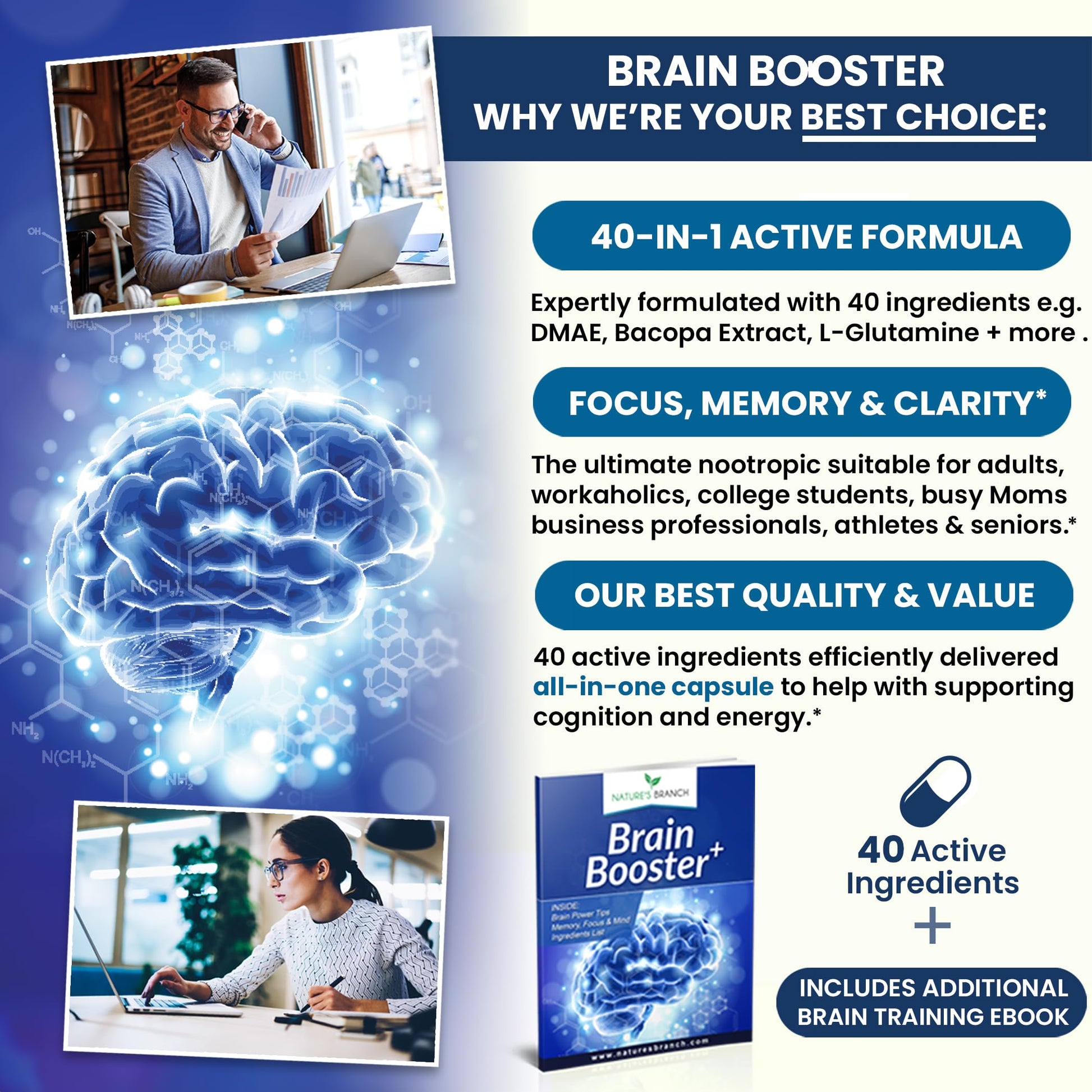 40-in-1 Brain Booster Supplement for Focus, Memory, Clarity, Energy | Advanced Vitamins Plus eBook | for Men & Women, Cognitive Function Nootropic Support with DMAE, Mind Health Formula | 60 Capsules NATURE'S BRANCHAu supplements