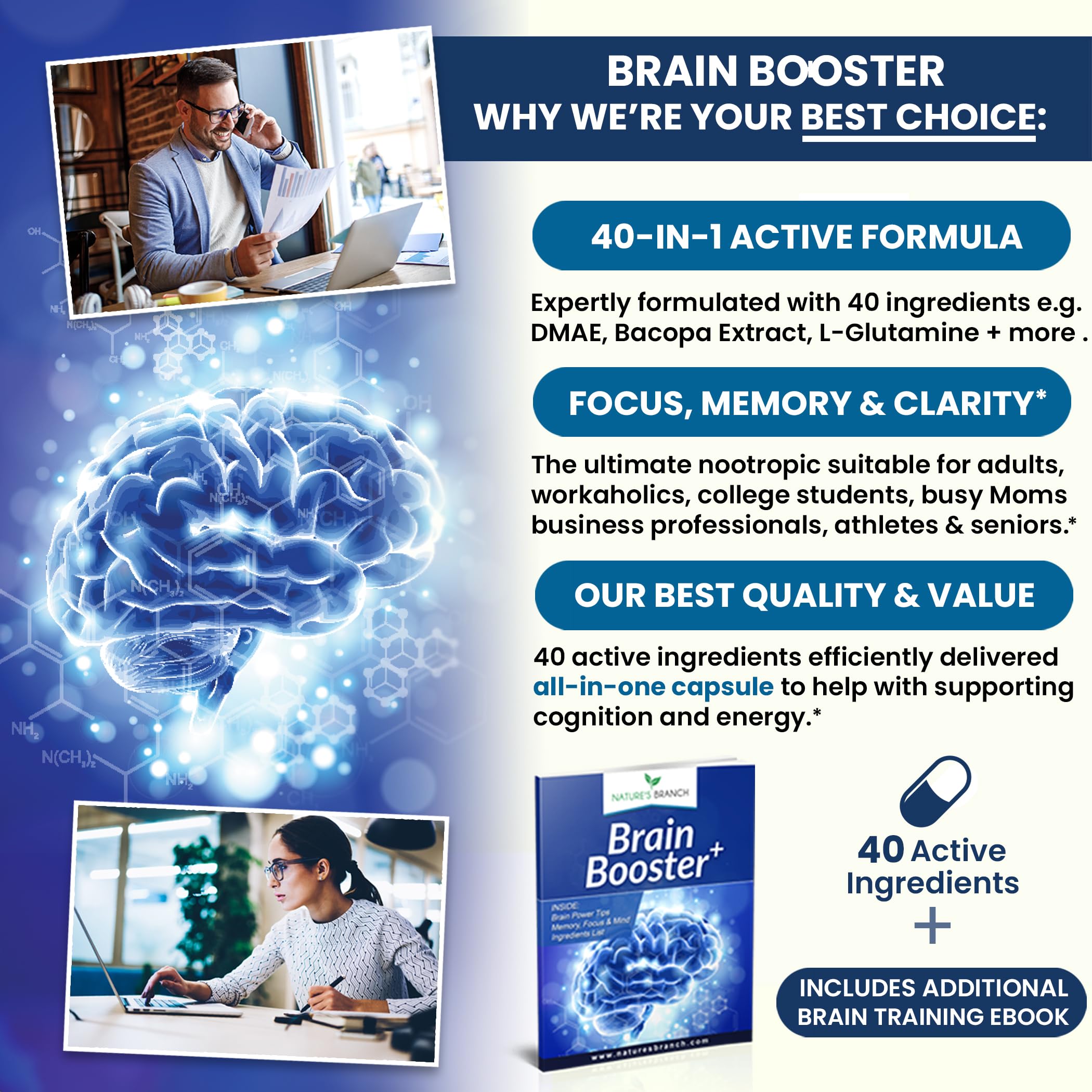 40-in-1 Brain Booster Supplement for Focus, Memory, Clarity, Energy | Advanced Vitamins Plus eBook | for Men & Women, Cognitive Function Nootropic Support with DMAE, Mind Health Formula | 60 Capsules NATURE'S BRANCHAu supplements