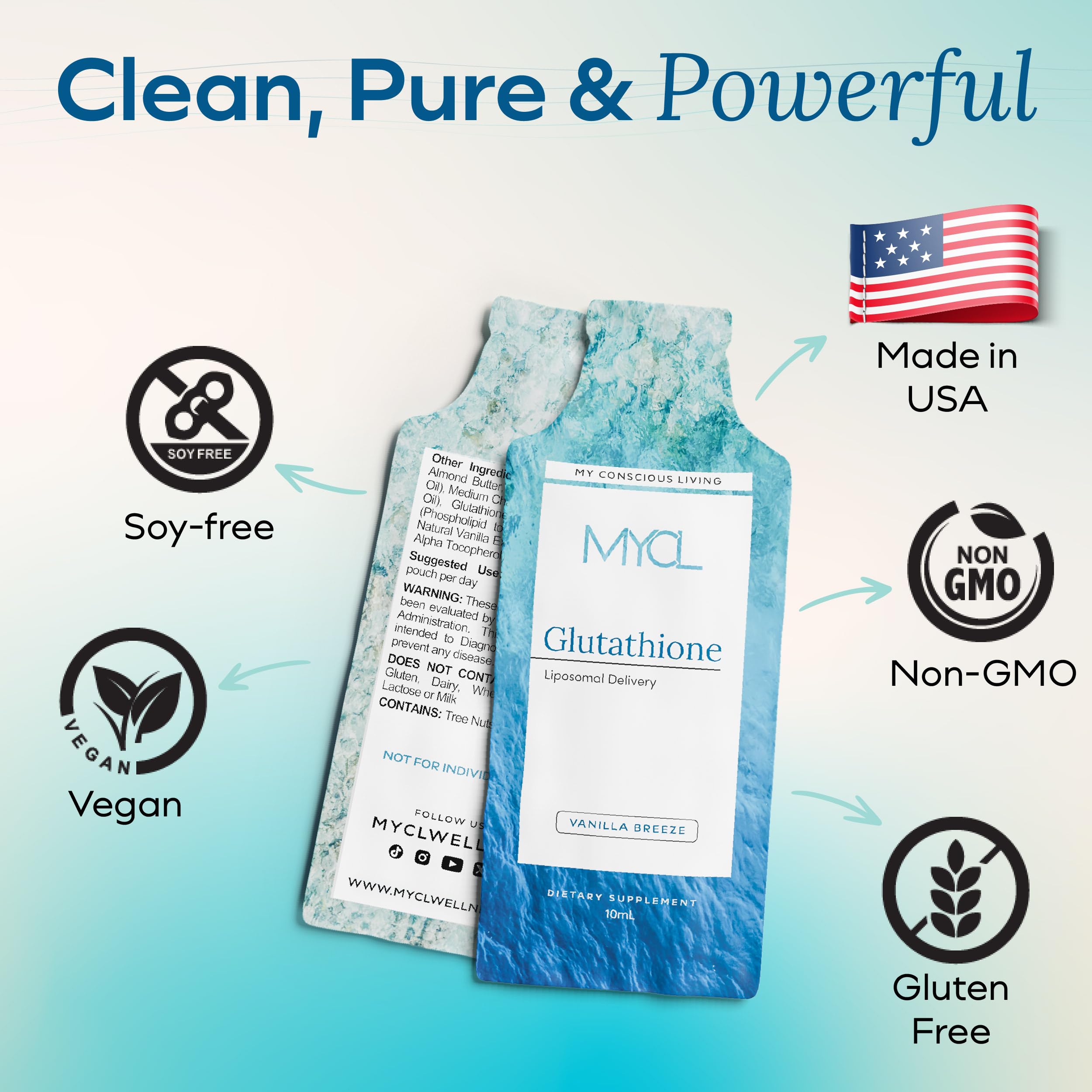 MYCL Liposomal Glutathione Supplement Squeeze Packs – Vitamin E and MCT Oil – Skin, Hair and Nail Health– High Absorption - Vanilla Almond – 30 Single-Serve Packets MYCLAu supplements