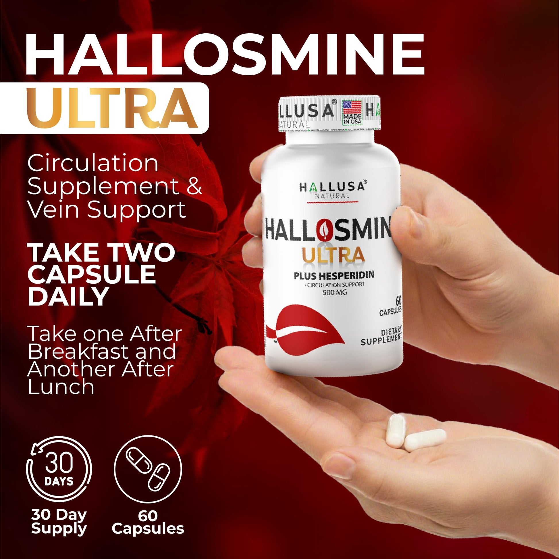Hallusa Natural Hallosmine Ultra Diosmin 500mg & Hesperidin 150mg – Heavy Legs, Swelling & Vein - Blood Circulation Supplements, 60 Caps Hallusa NaturalAu supplements