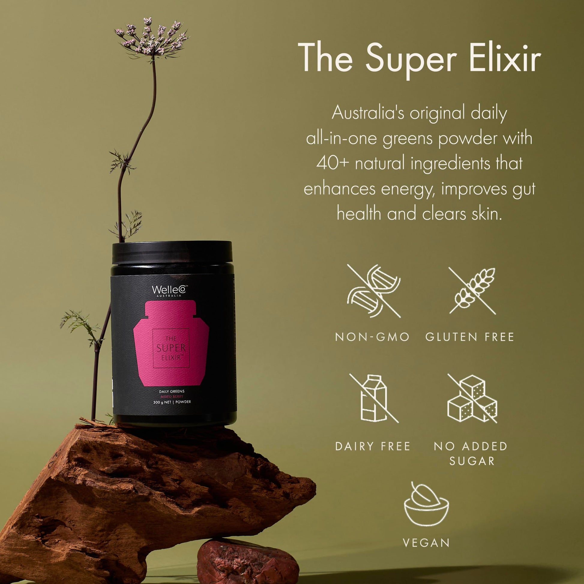 WelleCo The Super Elixir Daily Greens Powder, Probiotic Drink Mix with Whole Foods, Gluten Free, Vegan Gut Health Powder, Energy, Immunity, Healthy Skin, Hair & Nails (300g, Mixed Berry) WelleCoAu supplements