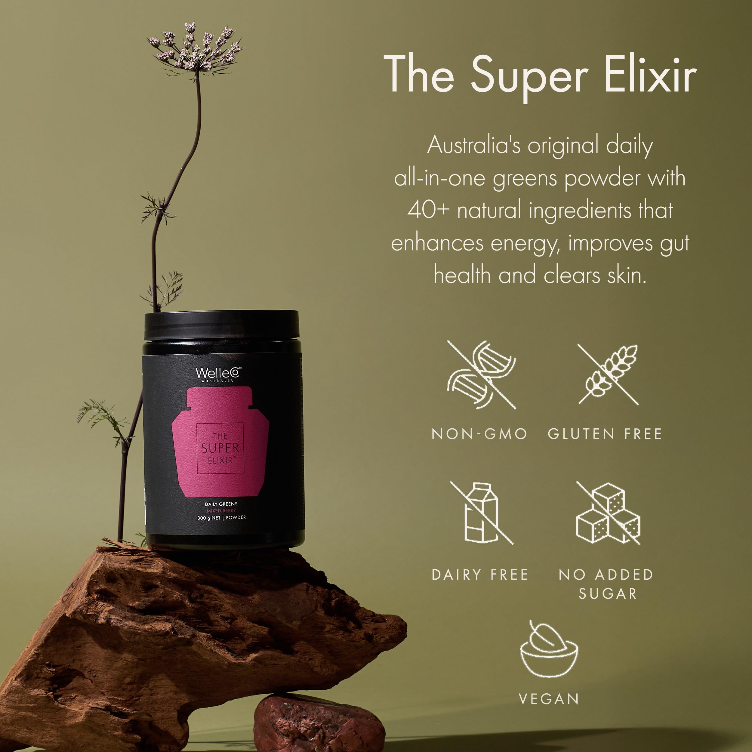 WelleCo The Super Elixir Daily Greens Powder, Probiotic Drink Mix with Whole Foods, Gluten Free, Vegan Gut Health Powder, Energy, Immunity, Healthy Skin, Hair & Nails (300g, Mixed Berry) WelleCoAu supplements