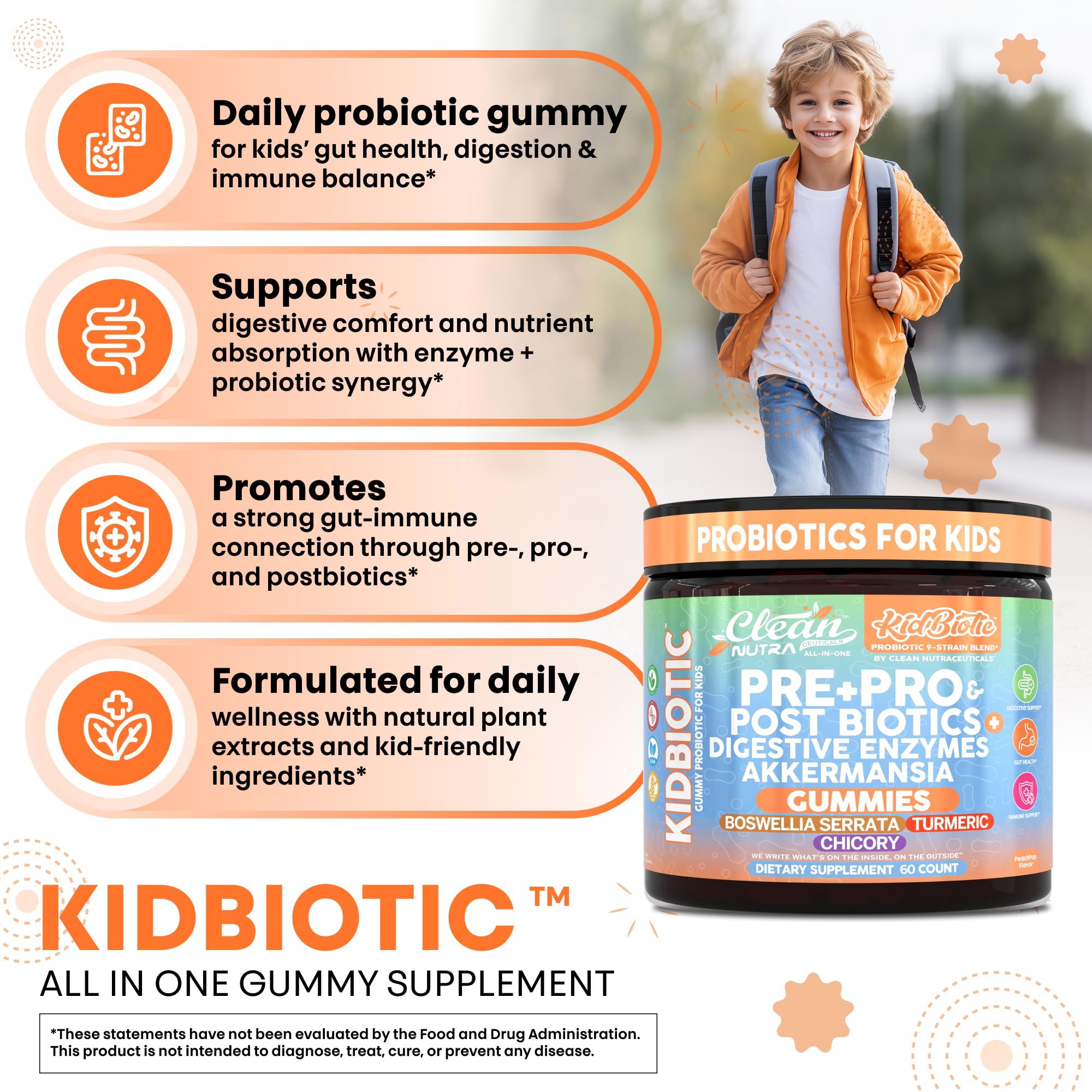 Clean Nutra Kids Probiotics Gummies with Prebiotics, Postbiotics, Digestive Enzymes, Akkermansia, Boswellia Serrata, Turmeric, Chicory – 60 Count – Plant-Based Supplement for Kids – PeachPop Flavor Clean NutraceuticalsAu supplements