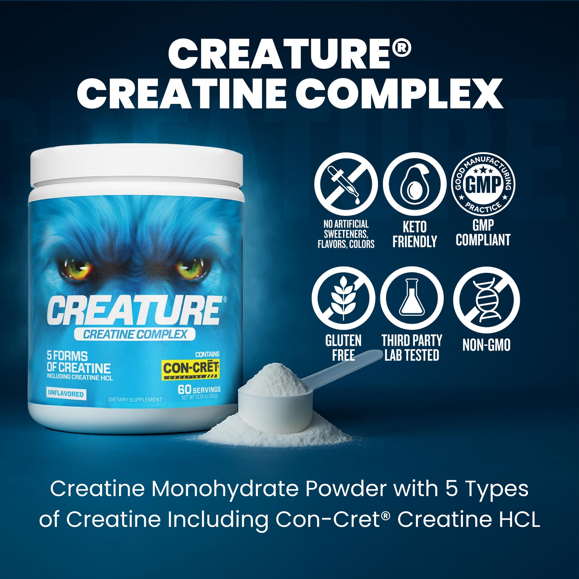 CREATURE® Creatine Complex - Creatine Monohydrate Powder with 5 Types of Creatine Including Con-Crēt® Creatine HCL, Promotes Muscle, Strength, Endurance, Brain Health, Unflavored, 300g 60 Servings CREATUREAu supplements