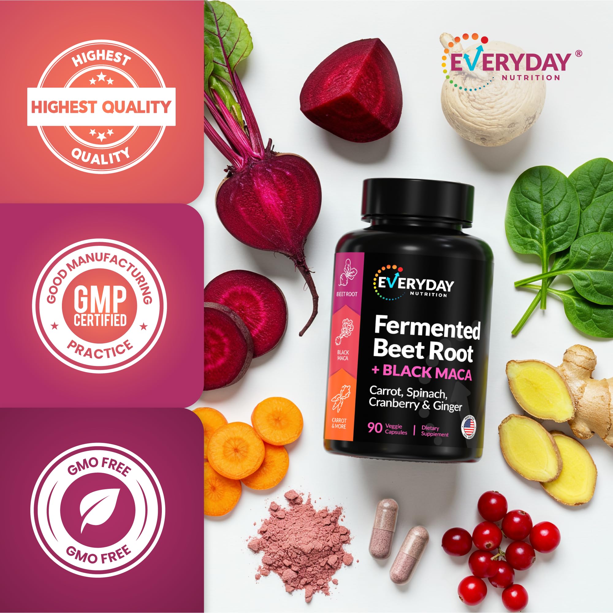 EVERYDAY NUTRITION Organic Fermented Beet Root & Black Maca Capsules with Carrot, Spinach, Cranberry & Ginger | Superfood for Energy, Stamina & Wellness | 90 Veggie Capsules | Made in USA EVERYDAY NUTRITIONAu supplements