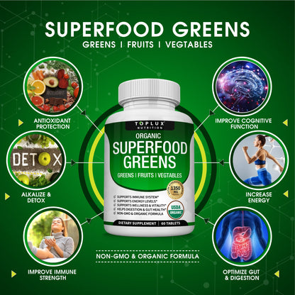 Organic Super Greens Capsules Superfood Fruit Veggie Supplement - 28 Powerful Natural TopluxUS supplements