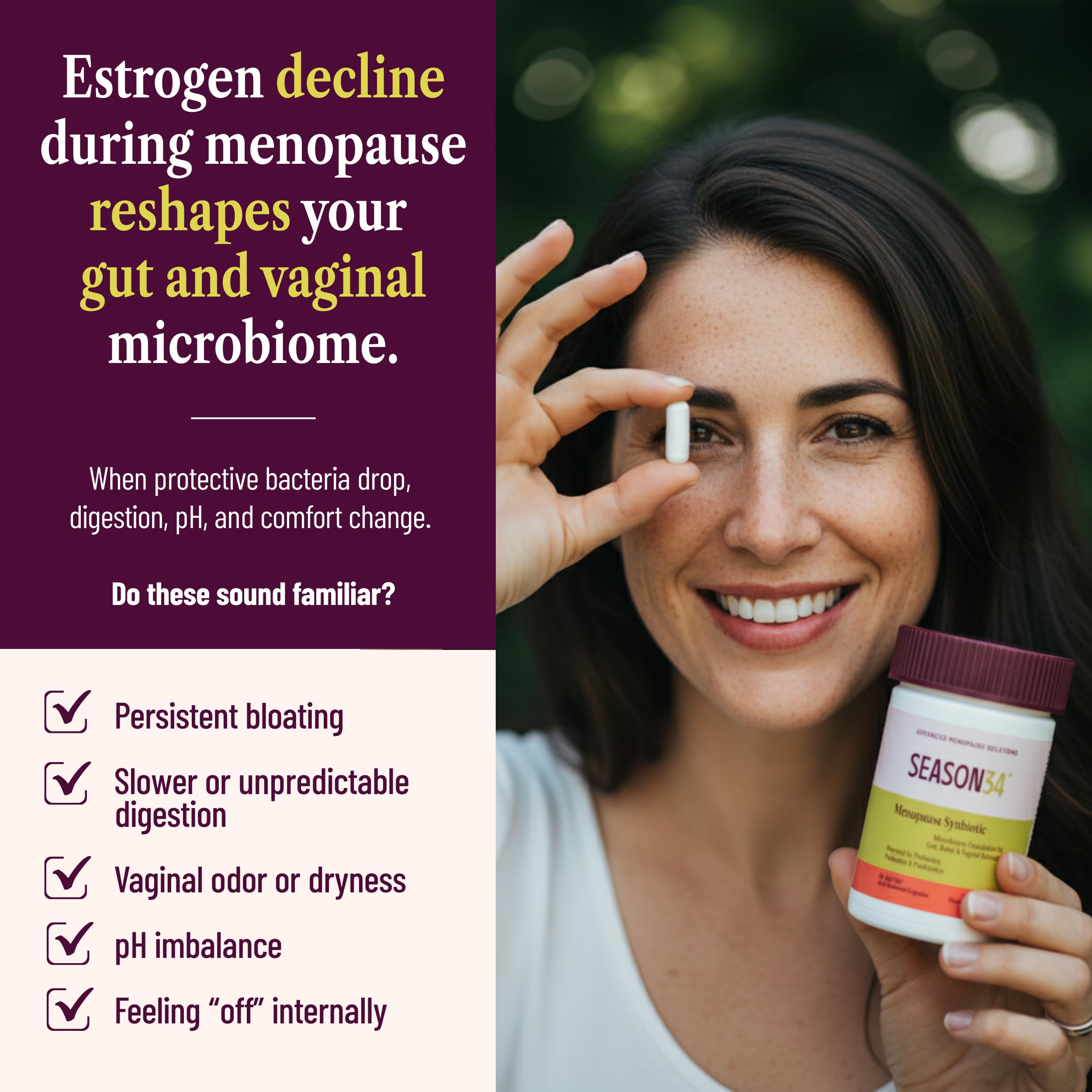 SEASON34 3-in-1 Menopause Probiotic for Women 40+ | Vaginal Care, pH, Odor & Intimate Comfort + Skin, Gut & Bloat Support | with Prebiotic Fiber & Postbiotics | 30 Capsules, 1 Month Supply SEASON34Au supplements
