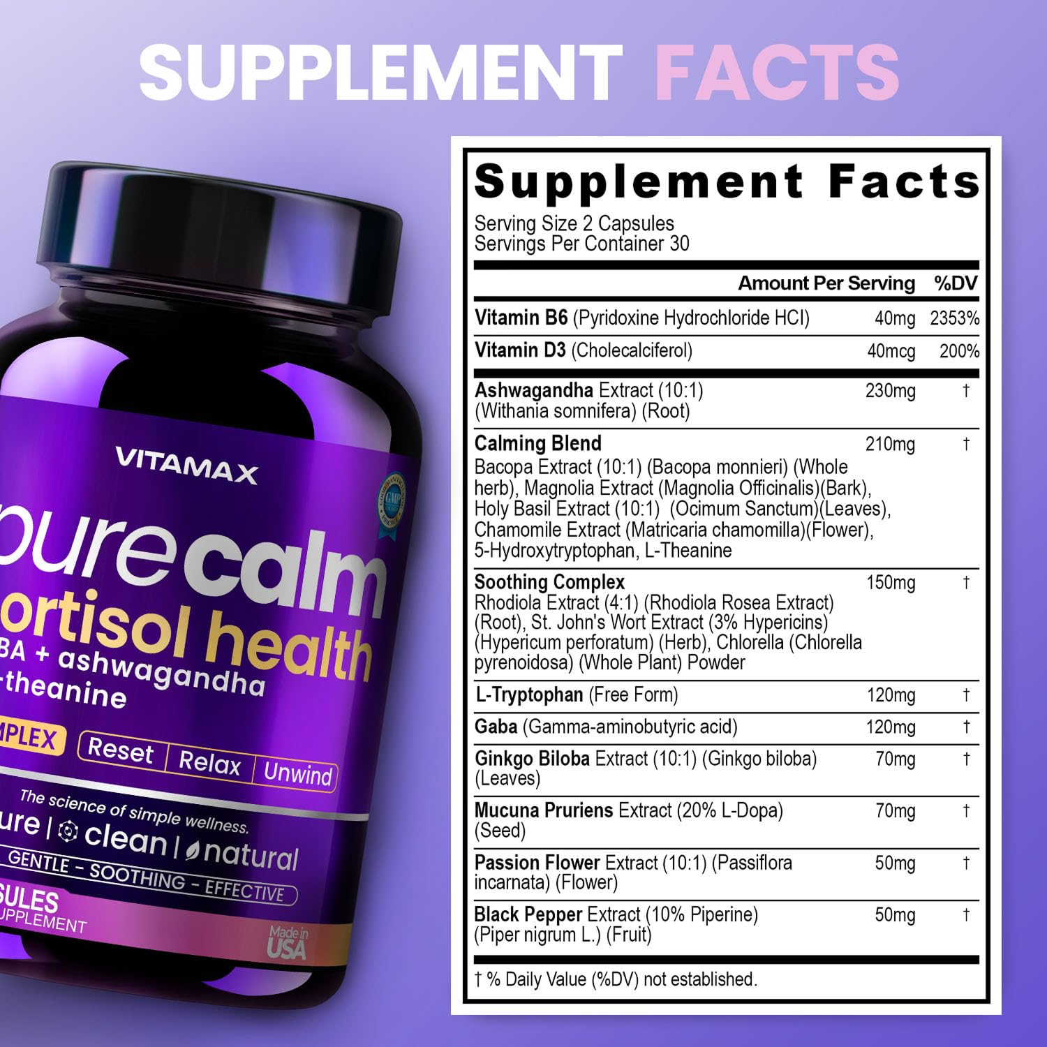 Vitamax Pure Calm Cortisol Supplements for Women - L Theanine, Ashwagandha, GABA for Relaxation, Mood & Stress Support with Ginkgo Biloba, Bacopa Monnieri, 5-HTP – Non-GMO, Made in USA – 60ct VitamaxAu supplements