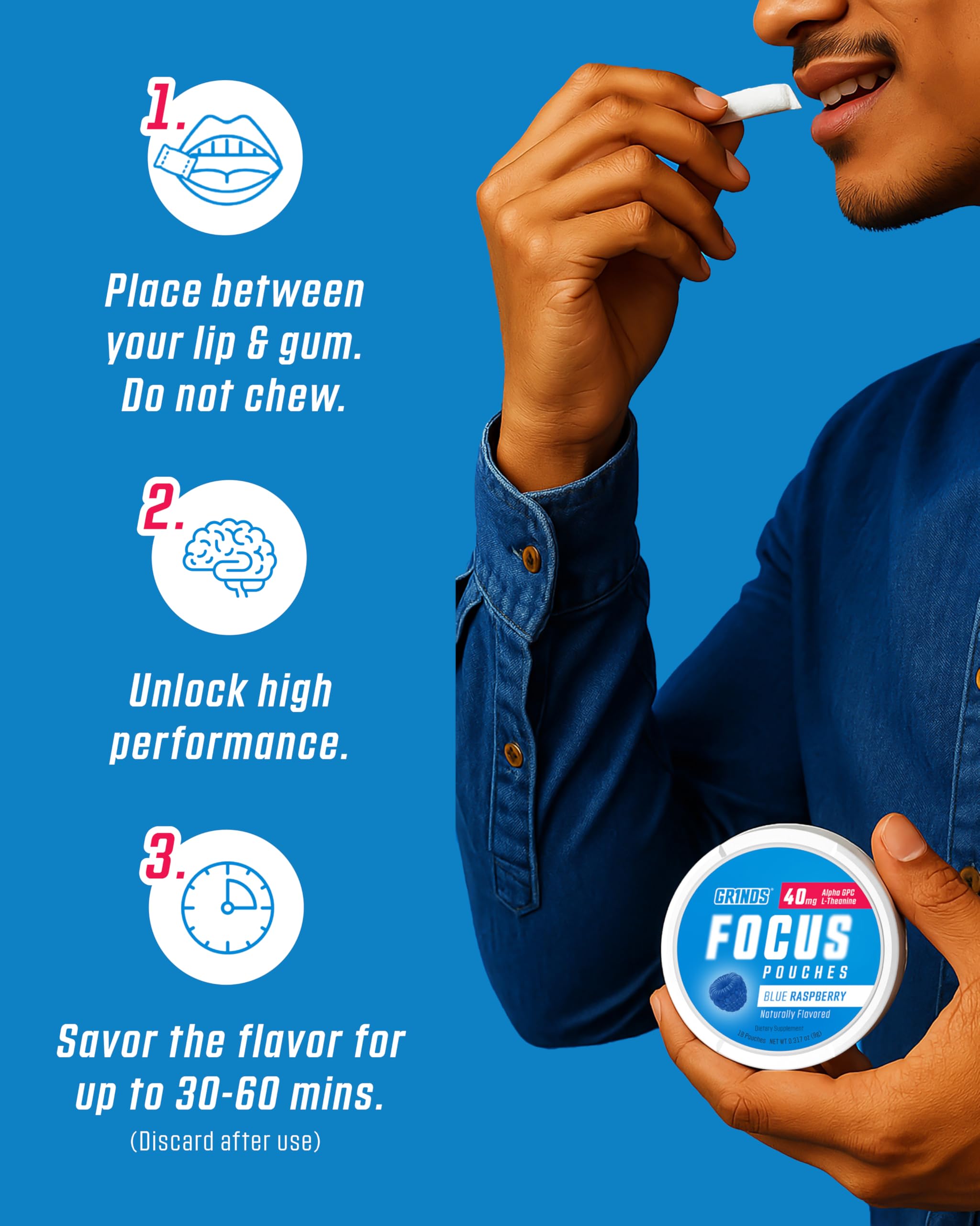 GRINDS Focus Pouches - Naturally Flavored with Nootropic Ingredients - Contains Alpha GPC and L-Theanine - Nicotine-Free, Sugar-Free - 3 Pack, 18 Pouches Per Can - Blue Raspberry GRINDSAu supplements