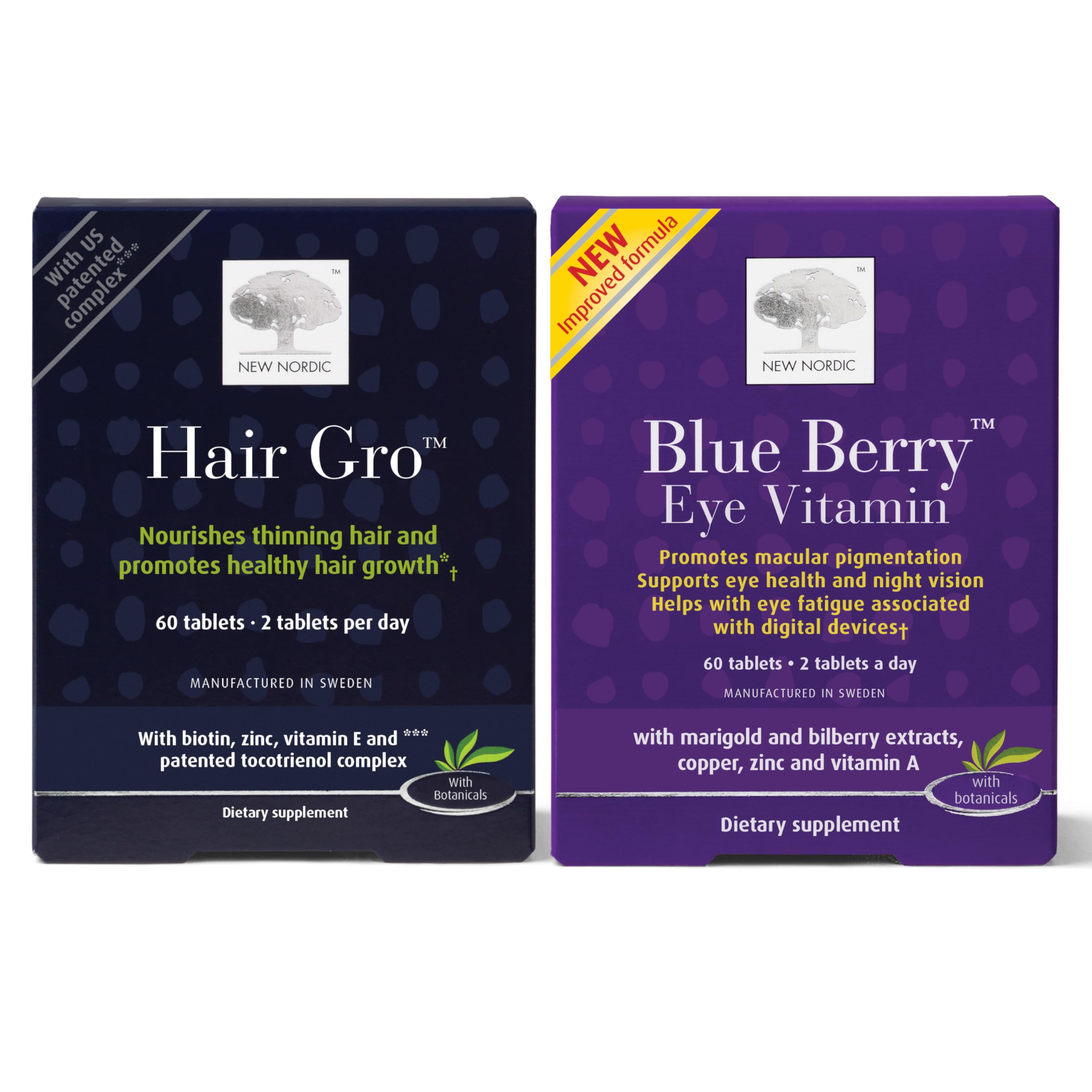 NEW NORDIC Hair & Eye Support Tablets Bundle, Hair GRO Natural Hair Growth and Blue Berry Eye Vitamin Supplements NEW NORDICAu supplements