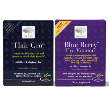 NEW NORDIC Hair & Eye Support Tablets Bundle, Hair GRO Natural Hair Growth and Blue Berry Eye Vitamin Supplements NEW NORDICAu supplements