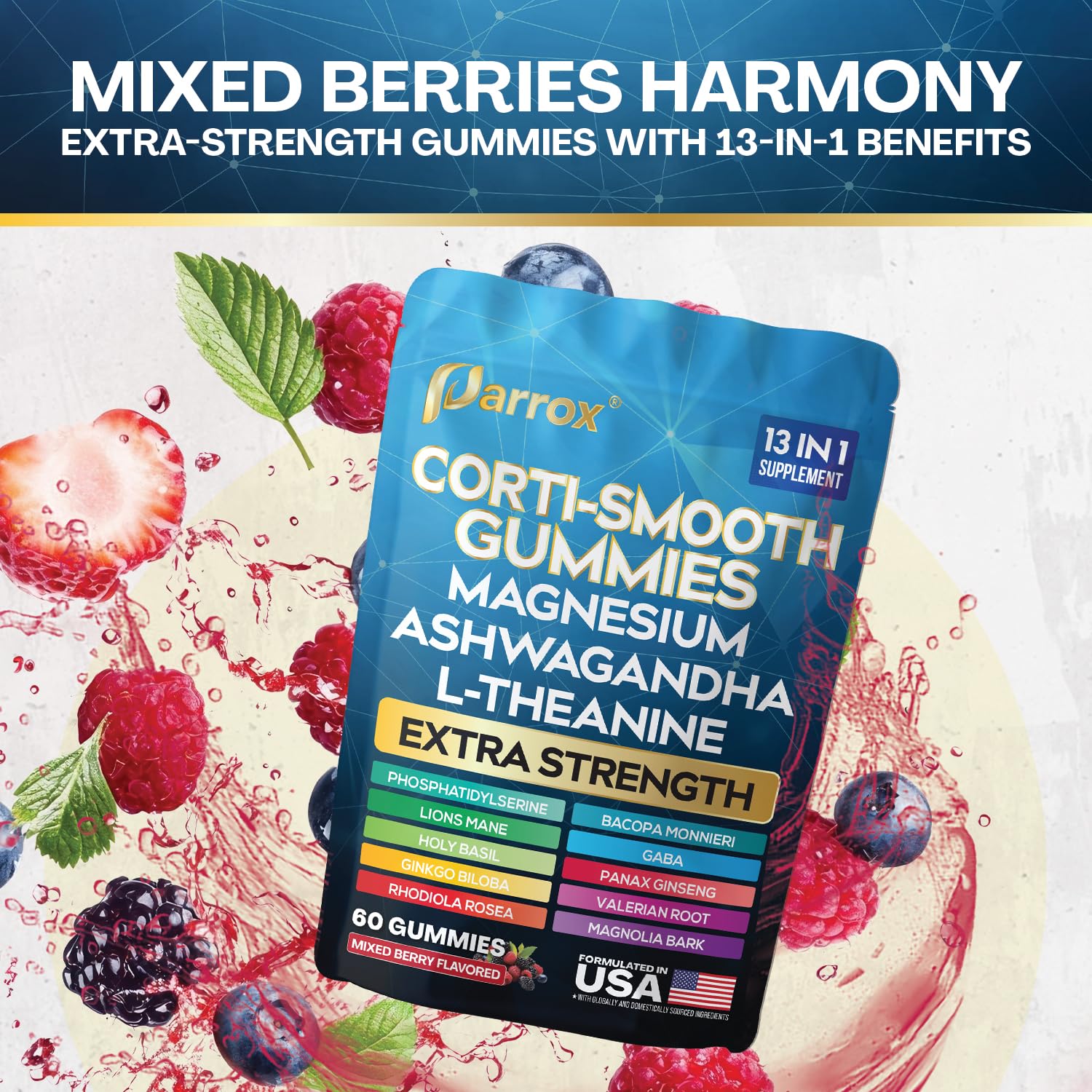 Parrox Corti-Smooth Cortisol Support Gummies with Magnesium, L-Theanine, Ashwagandha, Phosphatidylserine, Bacopa Monnieri, Lions Mane, Ginkgo Biloba, Valerian Root (60 Gummies - Mixed Berry Flavor) ParroxAu supplements