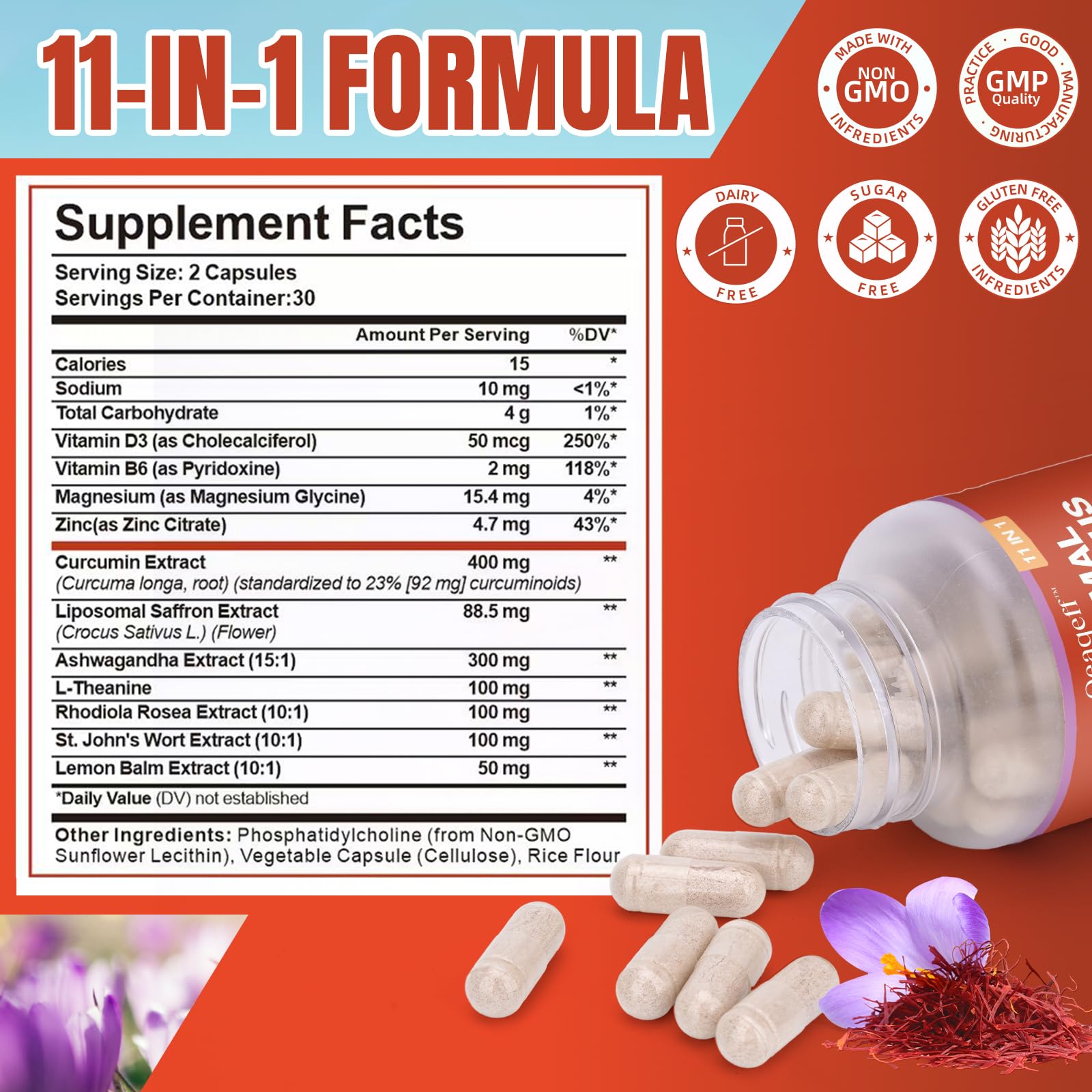 Oeaqeff Liposomal Saffron Supplements -11 in 1 100% Pure Saffron Extract 88.5 mg Maximum Absorption for Mood, Energy & Vision,Vegan, Non-GMO - 60 Vegan Capsules (1) OeaqeffAu supplements