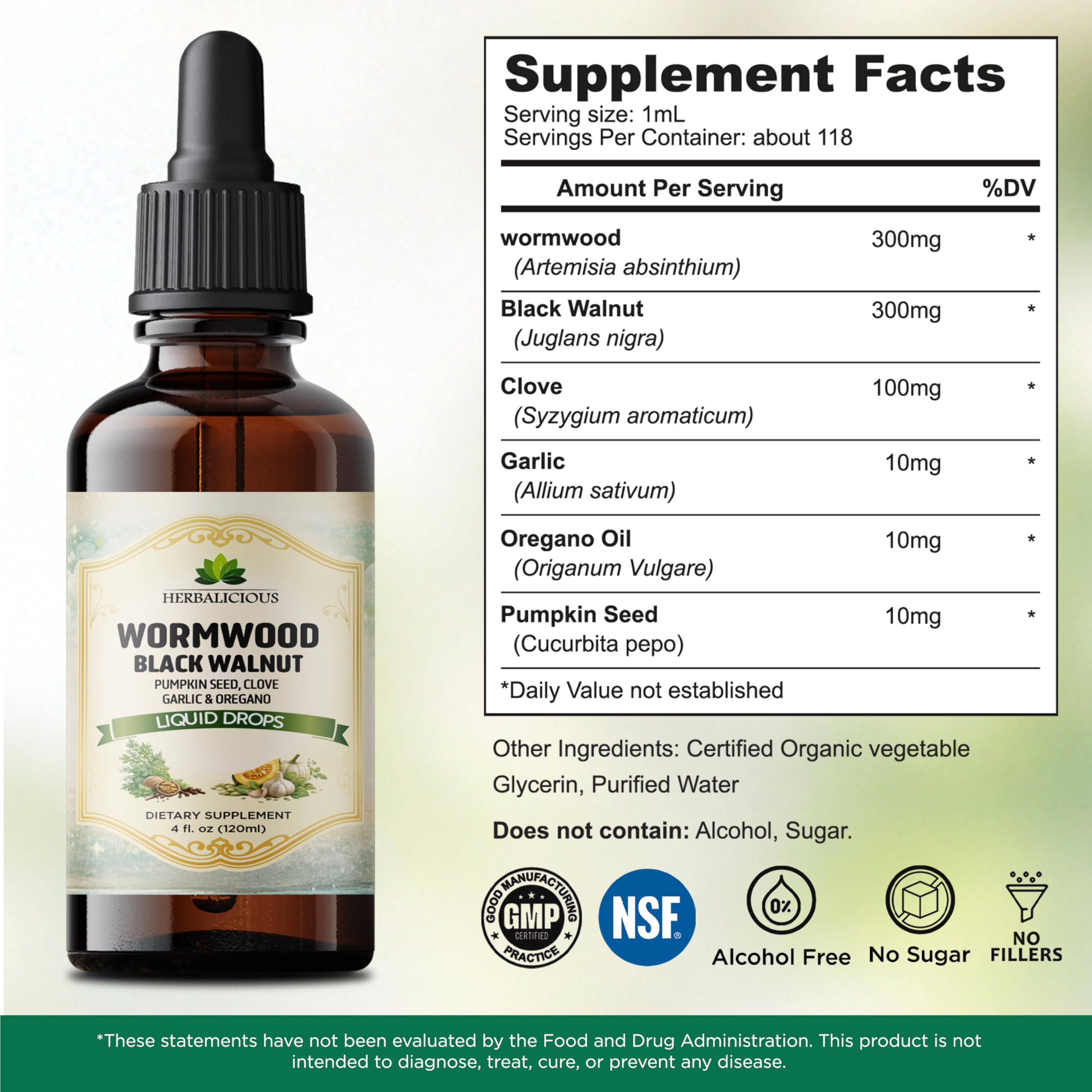 HEBRALICIOUS Wormwood Black Walnut Liquid Drops – Herbal Blend with Pumpkin Seed, Clove, Garlic & Oregano Oil – Alcohol Free Herbal Tincture – Liquid Dietary Supplement, 4 fl oz (120ml) HERBALICIOUSAu supplements