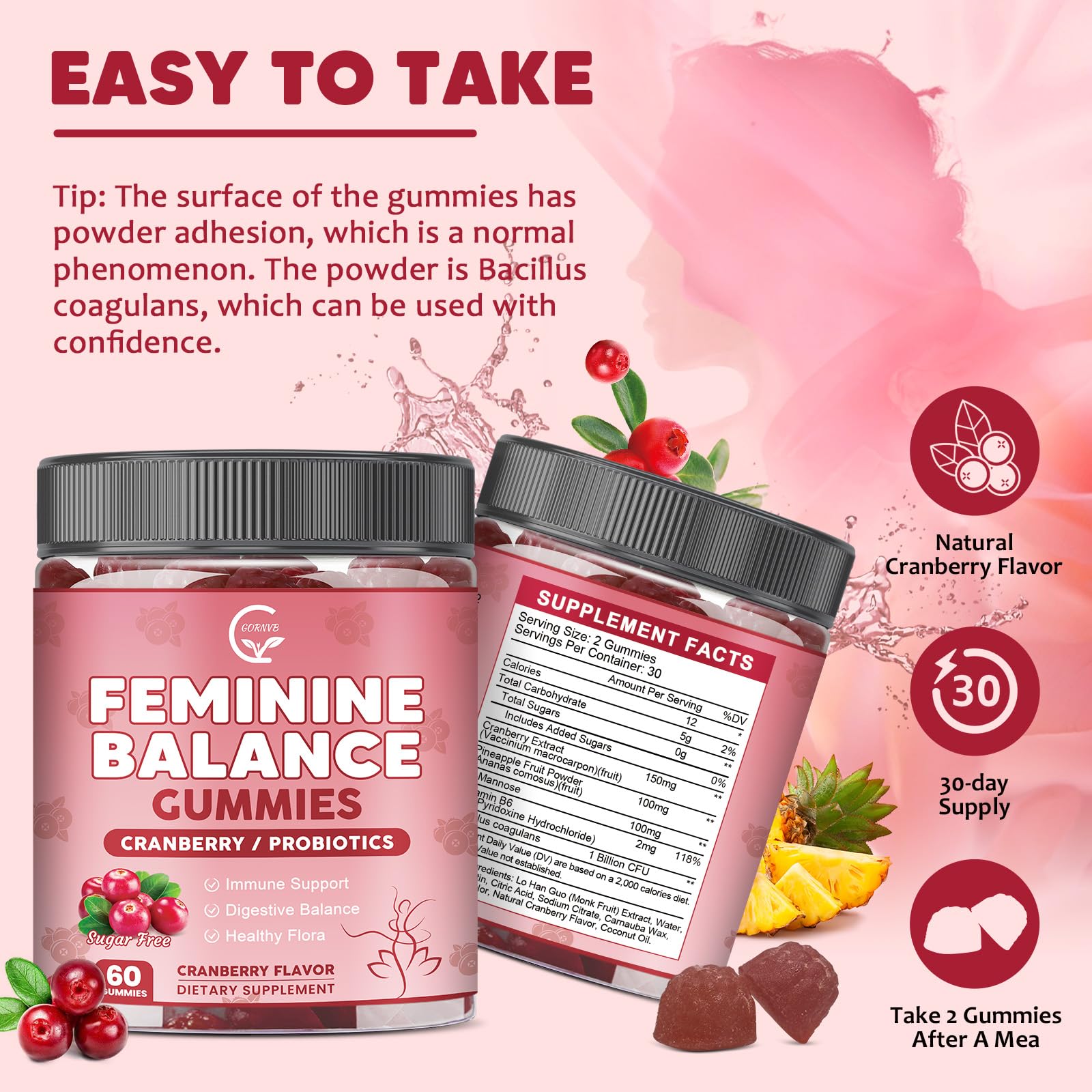 GORNVB Premium Feminine Balance Gummies for Women, Support pH Balance & Vaginal Probiotics Health Gummies with Cranberry Pineapple Powder, D-Mannose, Sugar Free, Gluten Free, Vegan GORNVBAu supplements