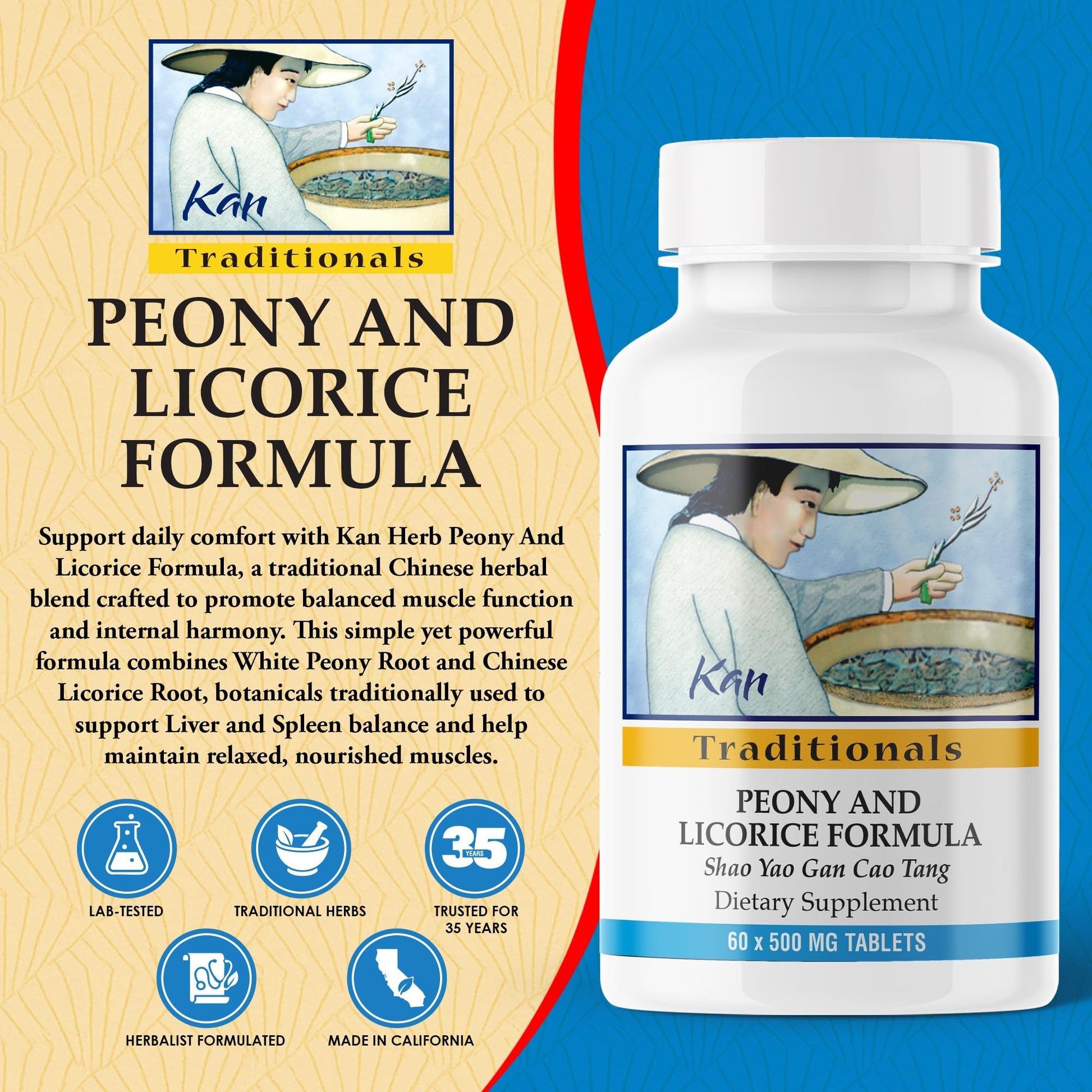 Kan Herbs Company Peony & Licorice Formula Tablets – Traditional Chinese Herbal Blend with White Peony Root & Chinese Licorice to Support Liver Balance, Muscle Comfort & Digestive Harmony, 60 Tablets Kan HerbAu supplements