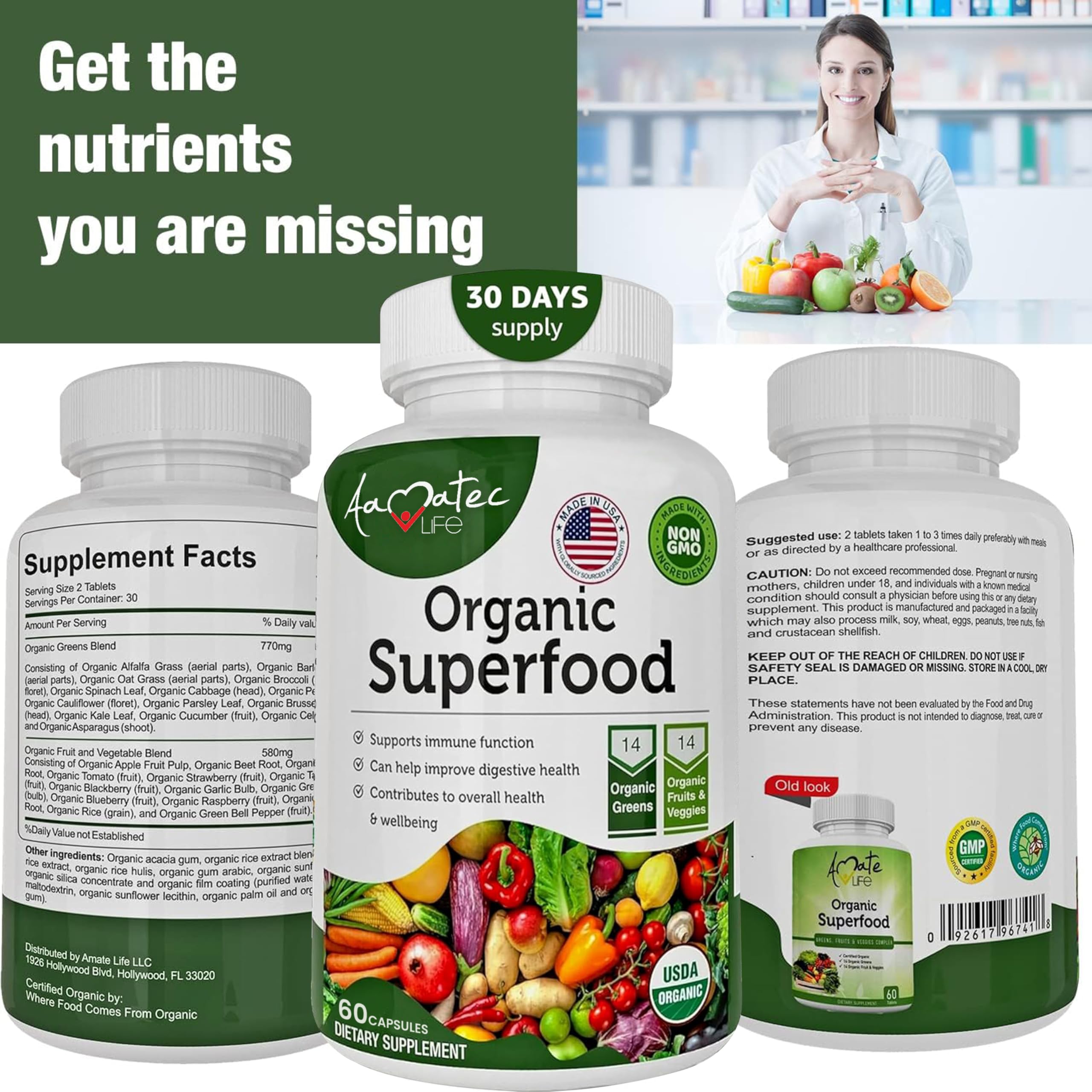 AAMATEC LIFE Organic Superfood Greens Fruits and Veggies Complex - Dietary Supplement with 14 Greens &14 Vegetables with Alfalfa Rich in Antioxidants Organic Ingredients Non-GMO (120 Count Pack of 2) AAMATEC LIFEAu supplements