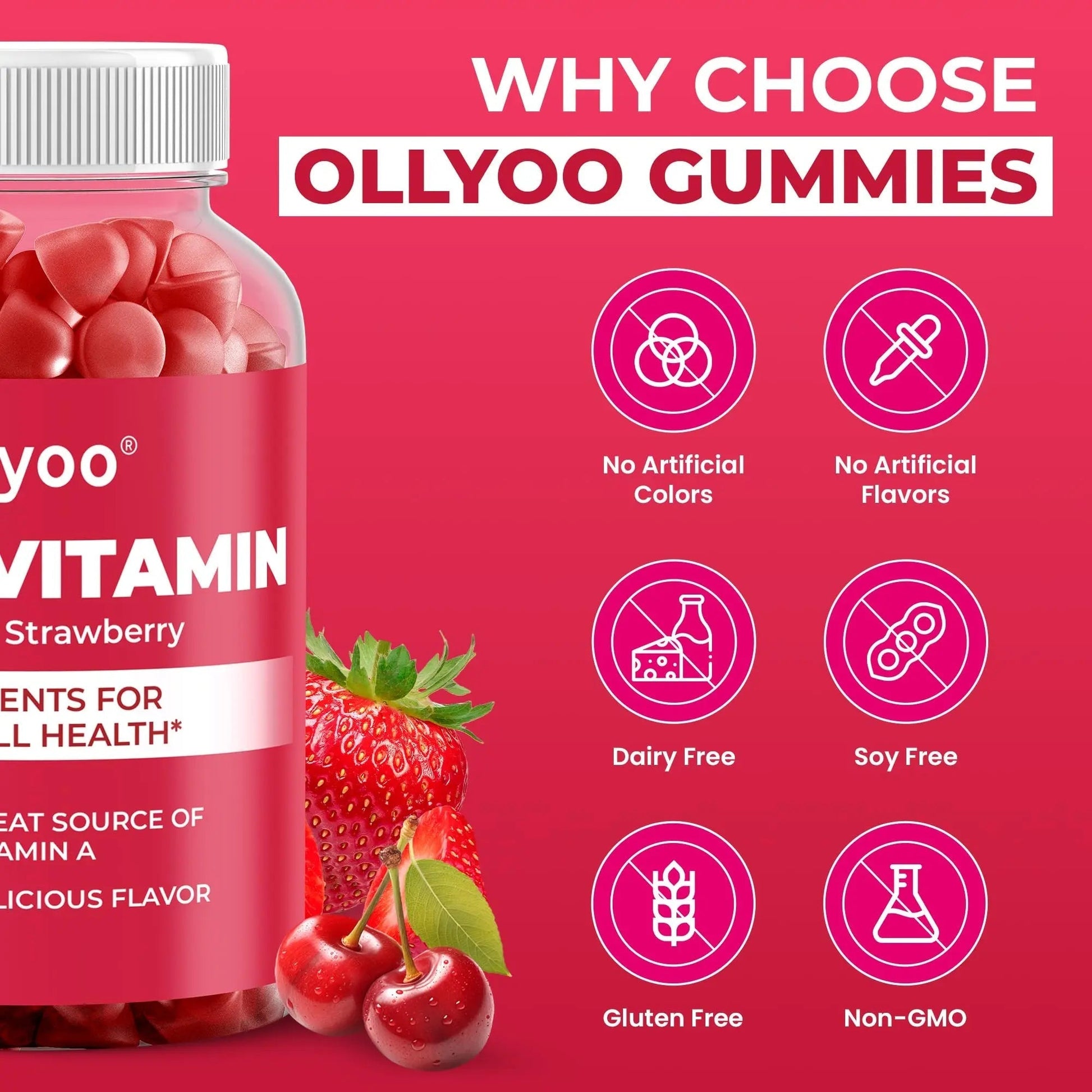 Ollyoo Multivitamin Gummies for Adults | Cherry & Strawberry Flavor | Great Source of Vitamin A & Essential Nutrients | OllyooAu supplements