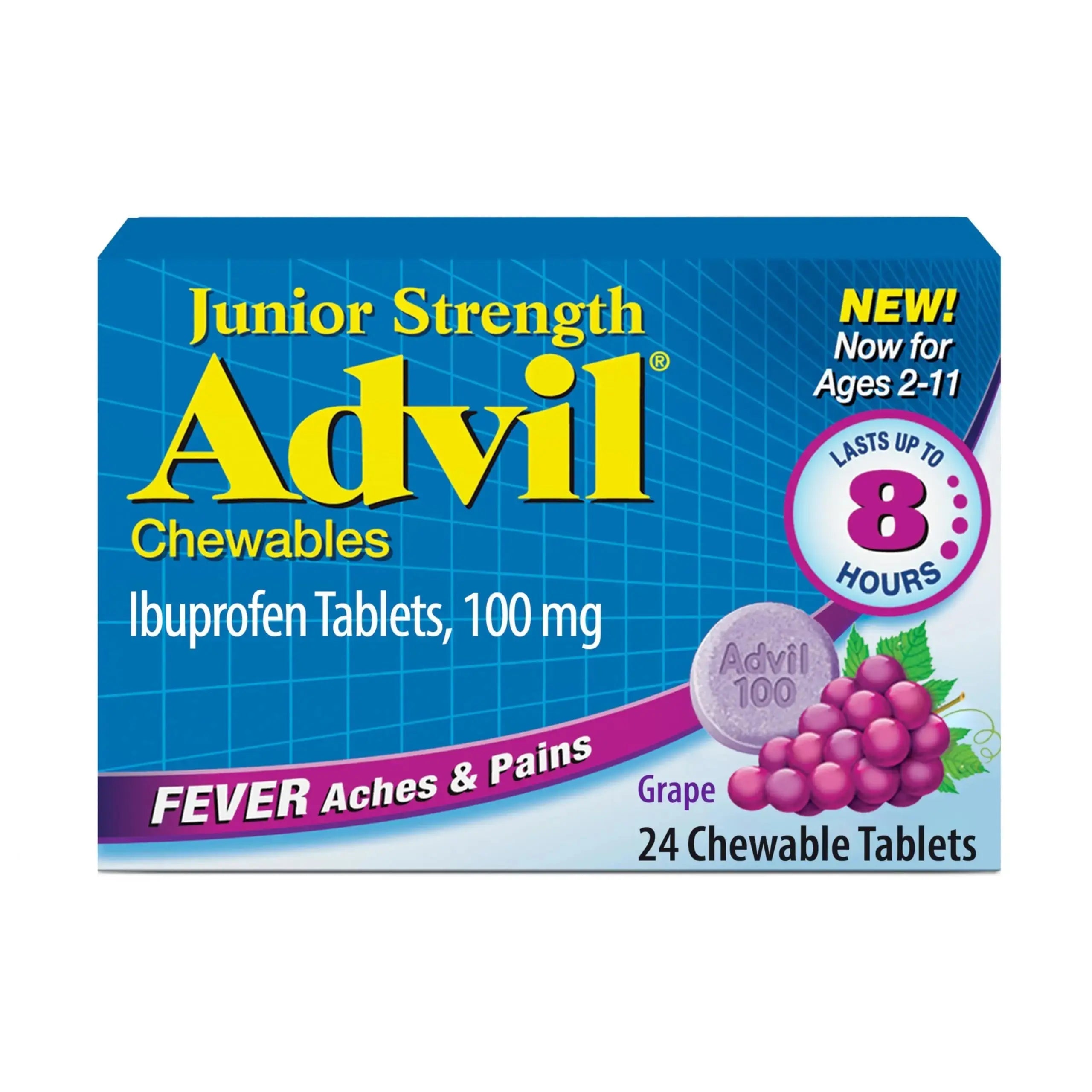 Advil Junior Strength Chewable Ibuprofen Pain Reliever and Fever Reducer, Children's Ibuprofen for Pain Relief, Grape - 24 Tablets AdvilAu supplements