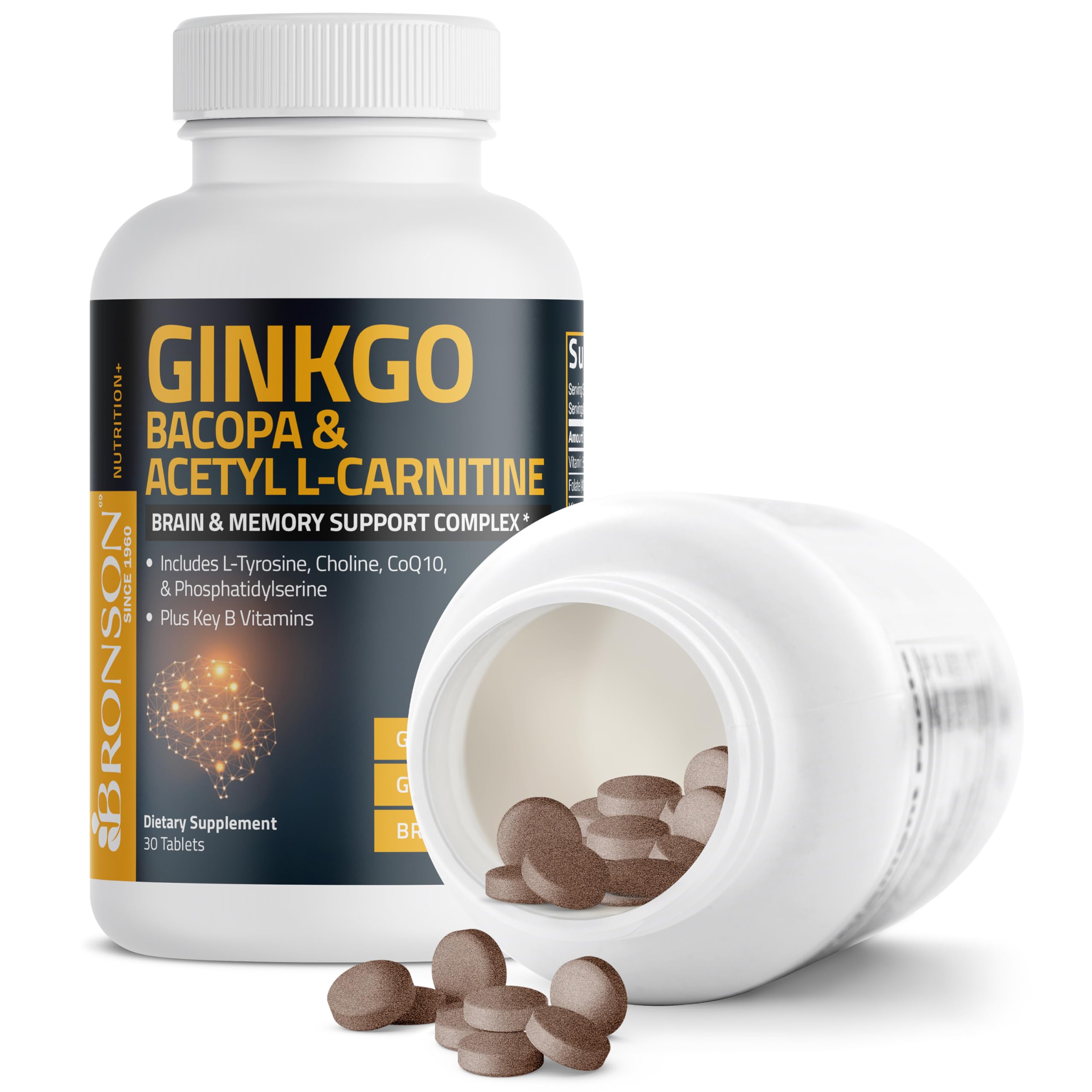 Bronson Ginkgo, Bacopa & Acetyl L-Carnitine Brain & Memory Support Complex with L-Tyrosine, Choline, CoQ10 & Phosphatidylserine Plus Key B Vitamins Non-GMO, 30 Tablets BronsonAu supplements