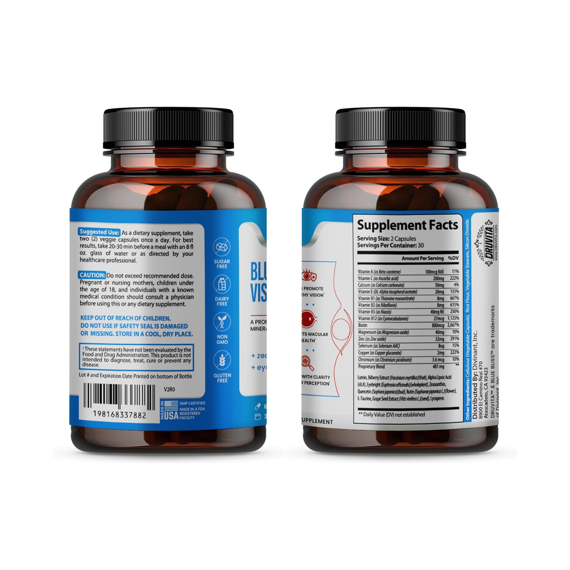 Blue Bliss Vision Support - Eye Vitamins with Lutein, Biotin, Bilberry and Zeaxanthin - Vitamin Supplement for Vision Health and Preservation for Adults Seniors 60 Veggie Capsules 30 Day Supply DruvitaAu supplements