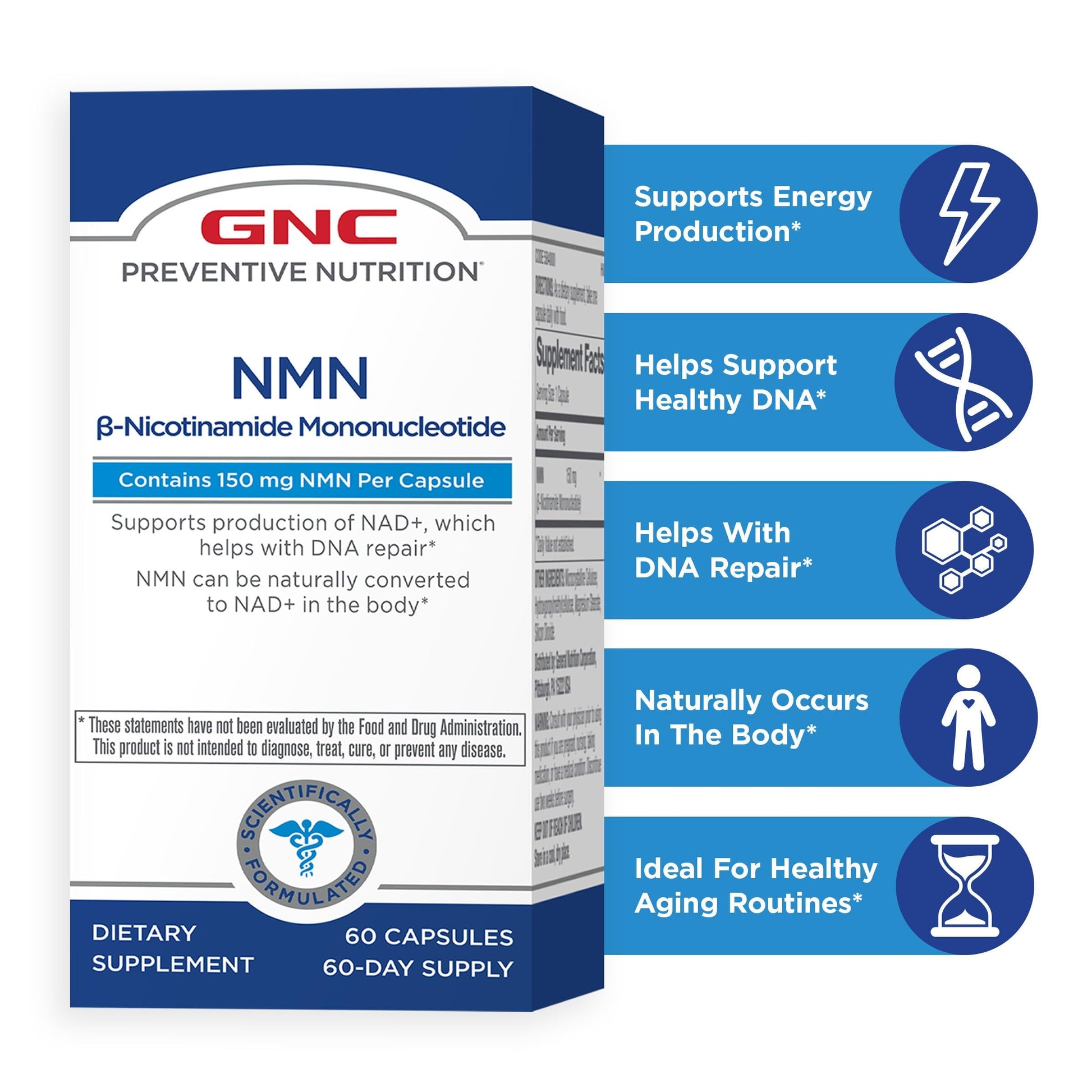 GNC Preventive Nutrition NMN, 150 mg, NAD+ Booster Supplement for Cellular Energy & DNA Repair, Anti-Aging Support, 60 Capsules, Gluten Free, 60 svg GNCAu supplements