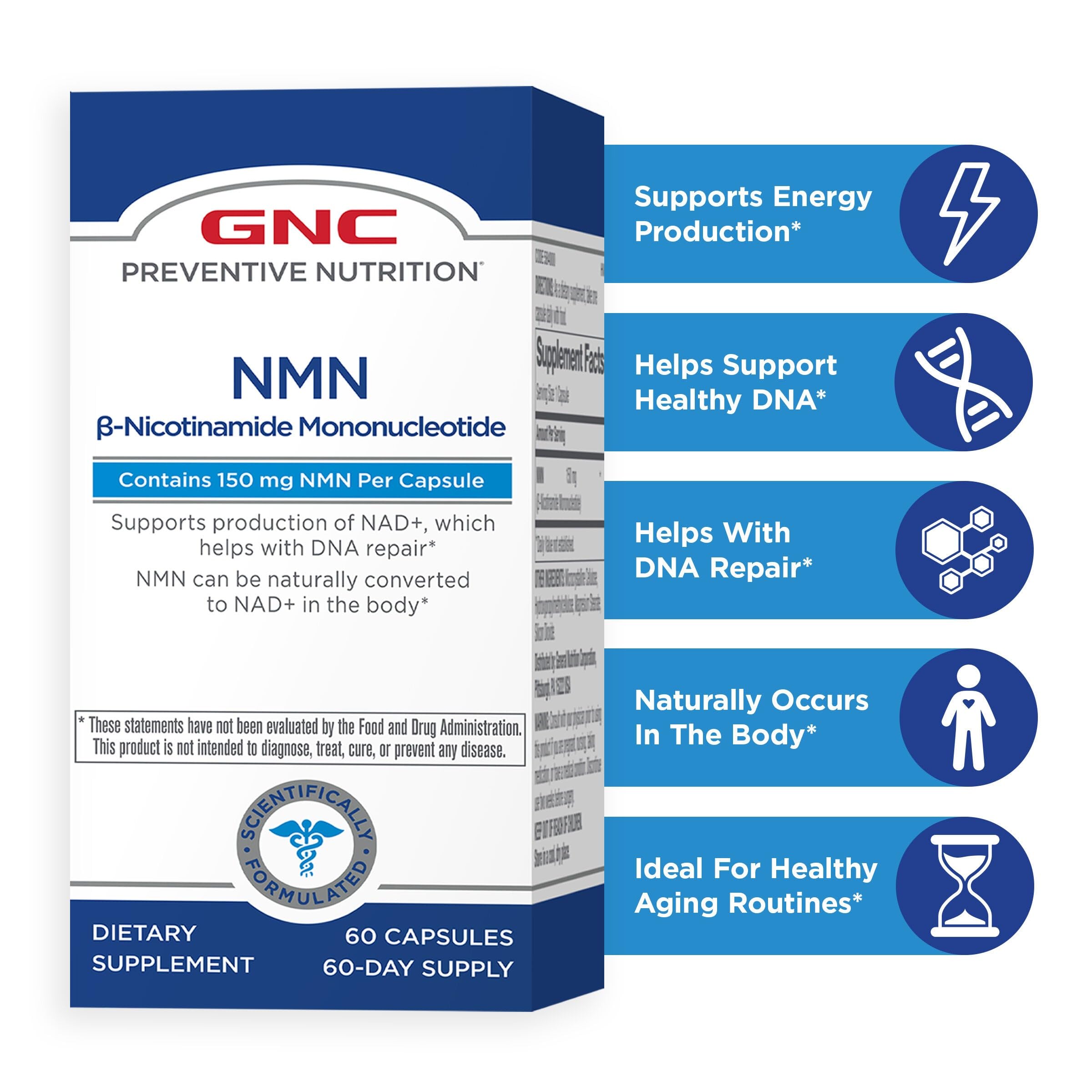 GNC Preventive Nutrition NMN, 150 mg, NAD+ Booster Supplement for Cellular Energy & DNA Repair, Anti-Aging Support, 60 Capsules, Gluten Free, 60 svg GNCAu supplements
