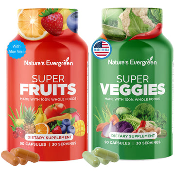 Fruits and Veggies Supplement - Nature Fruits and Vegetables Supplements - Vegan, Non GMO, Soy Free, Superfood Vitamins & Minerals Nutritional Balance - (Total 180 Capsules - Pack of 2) Made in USA Nature's EvergreenAu supplements