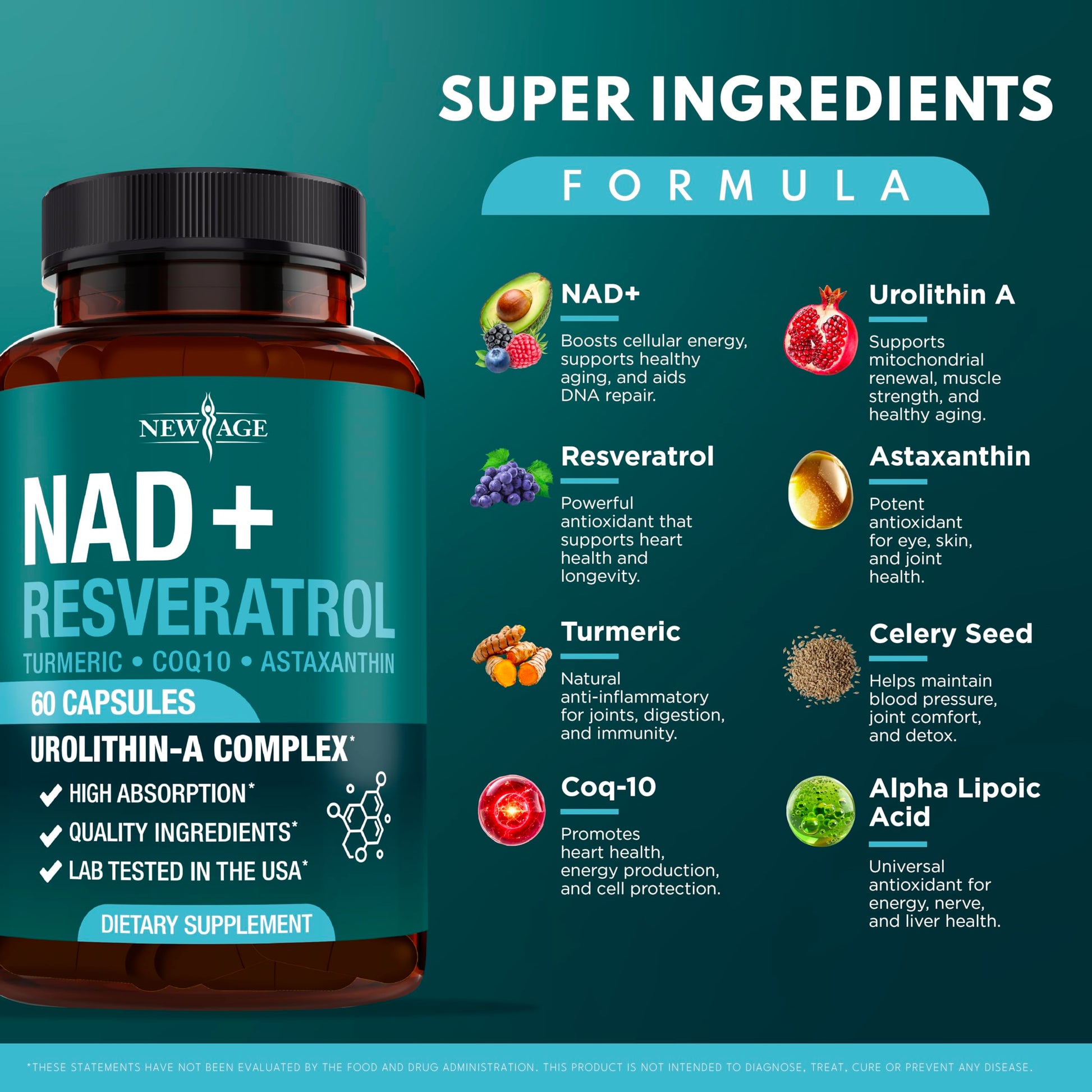NEW AGE NAD+ Supplement Complex – NAD+ 300 mg with Astaxanthin, Urolithin A, Resveratrol, CoQ10 & Antioxidant Blend – Cellular Energy, Support or Women & Men – Vegan, Non-GMO- 120 Count NEW AGEAu supplements