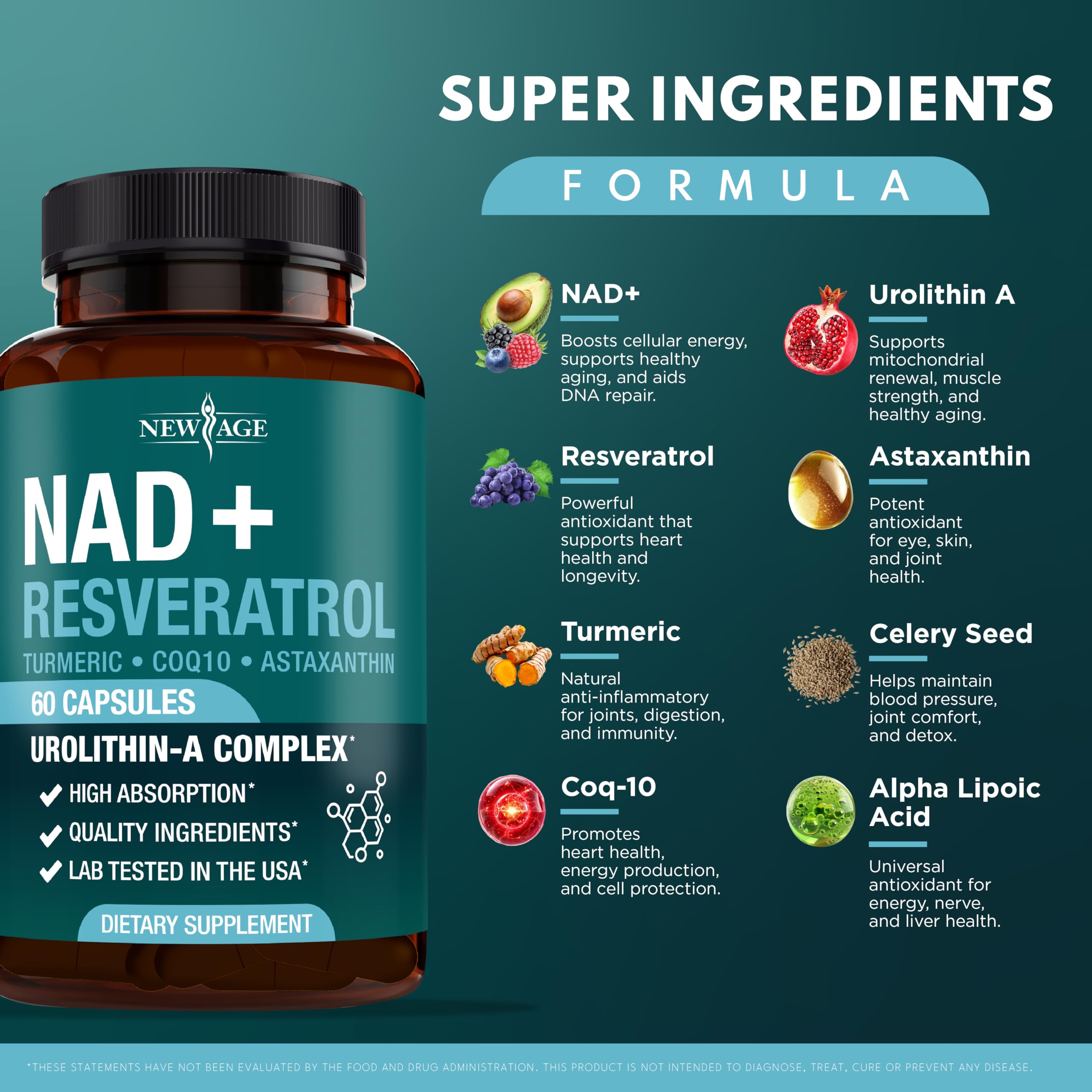 NEW AGE NAD+ Supplement Complex – NAD+ 300 mg with Astaxanthin, Urolithin A, Resveratrol, CoQ10 & Antioxidant Blend – Cellular Energy, Support or Women & Men – Vegan, Non-GMO- 120 Count NEW AGEAu supplements