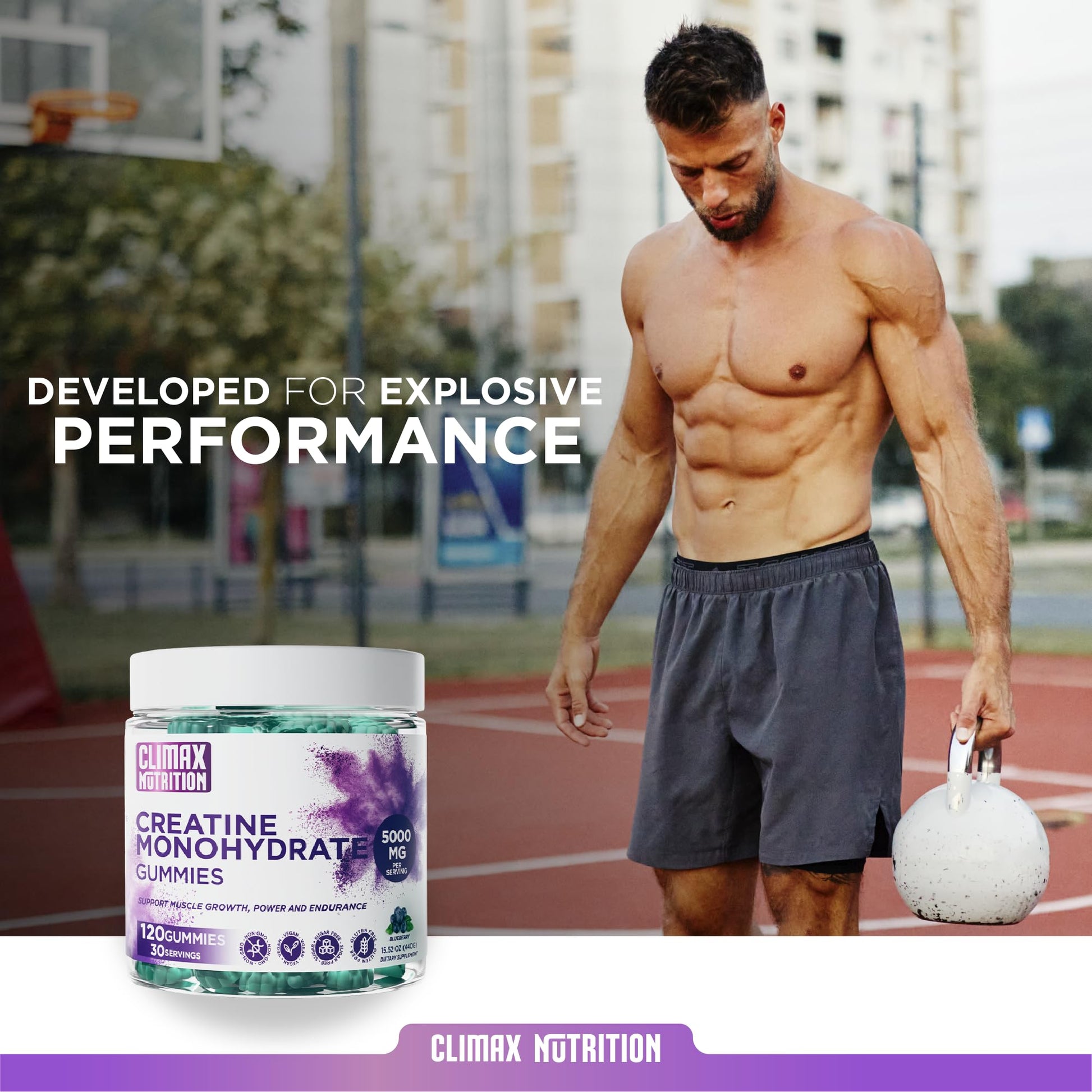 Creatine Monohydrate Gummies - Vegan, Sugar-Free, Gluten-Free - Boosts Muscle Recovery, Strength & Lean Muscle Growth - Brain Health Support - for Men & Women - Blueberry Flavor - 120 Gummies CLIMAX NUTRITIONAu supplements