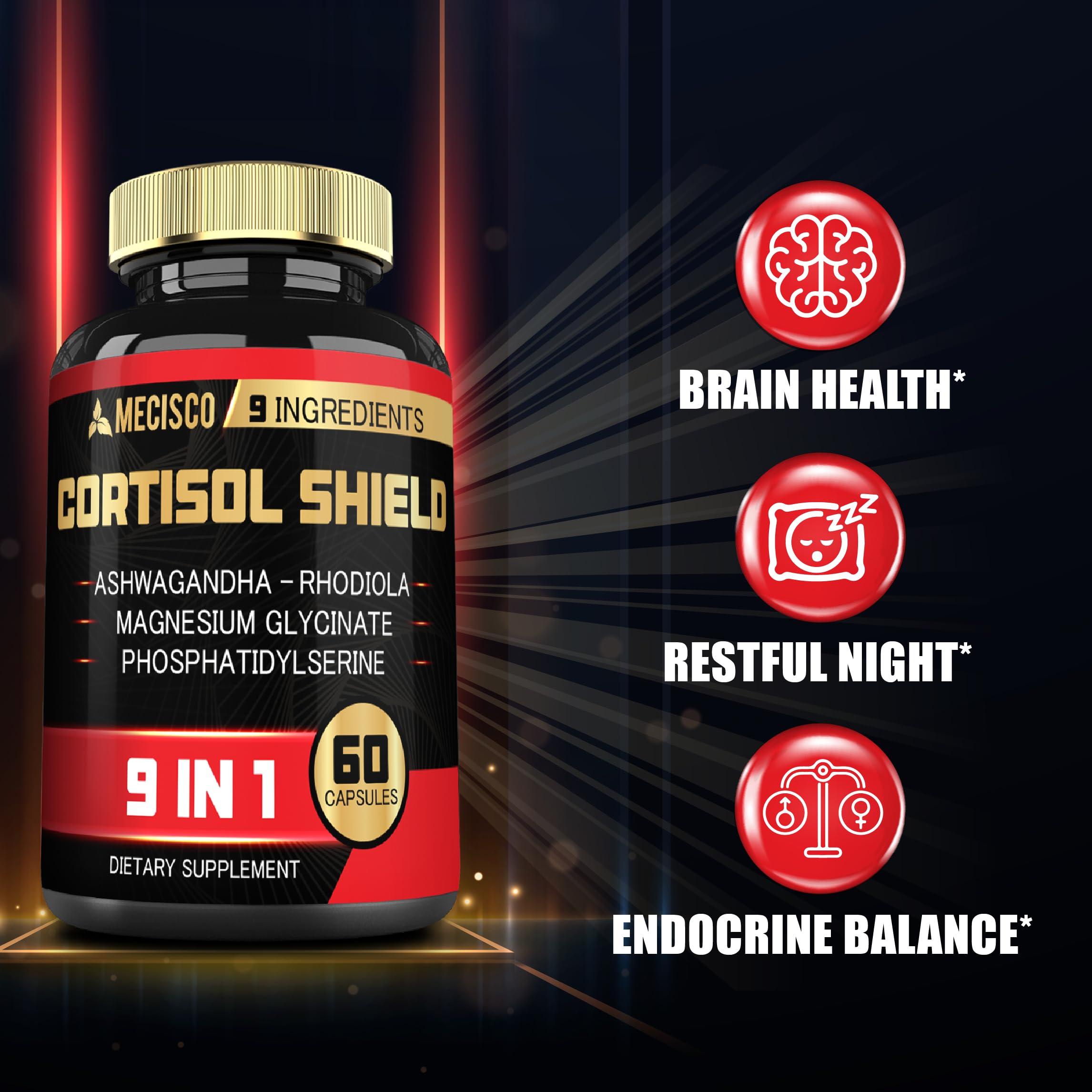 9in1 Cortisol Shield - Ashwagandha & Magnesium Glycinate, Rhodiola, Phosphatidylserine, L-Theanine, Licorice Root, St. John's Wort, Lions Mane - Mind & Mood, Restful Night Support - 60 Capsules MeciscoAu supplements