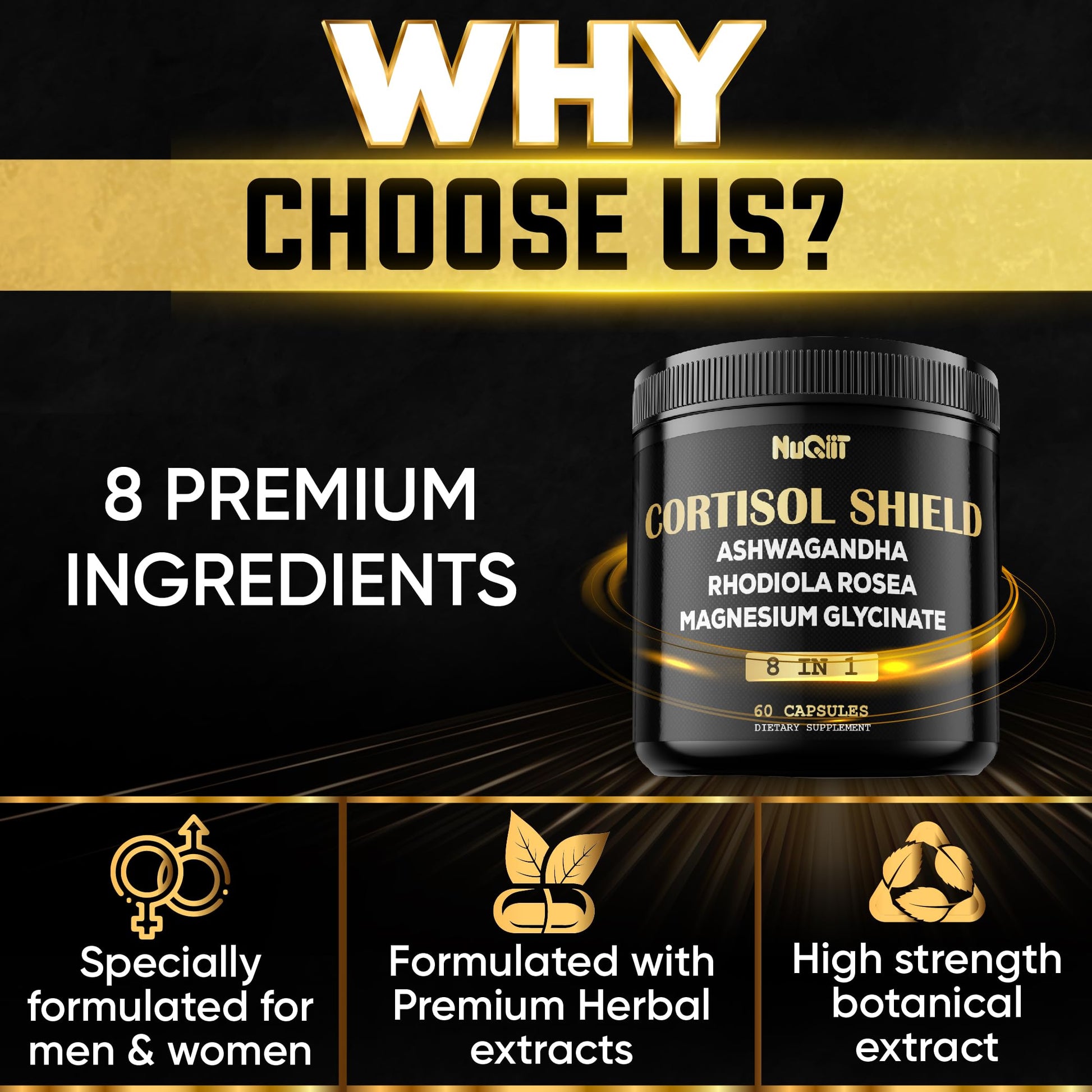 8in1 Cortisol Shield - Ashwagandha and Magnesium, Rhodiola Rosea, Lions Mane, Sea Moss, Turmeric, St Jonh's Wort - Mind& Mood Balance, Rest Well, Support Immume - 60 Capsules NUQIITAu supplements