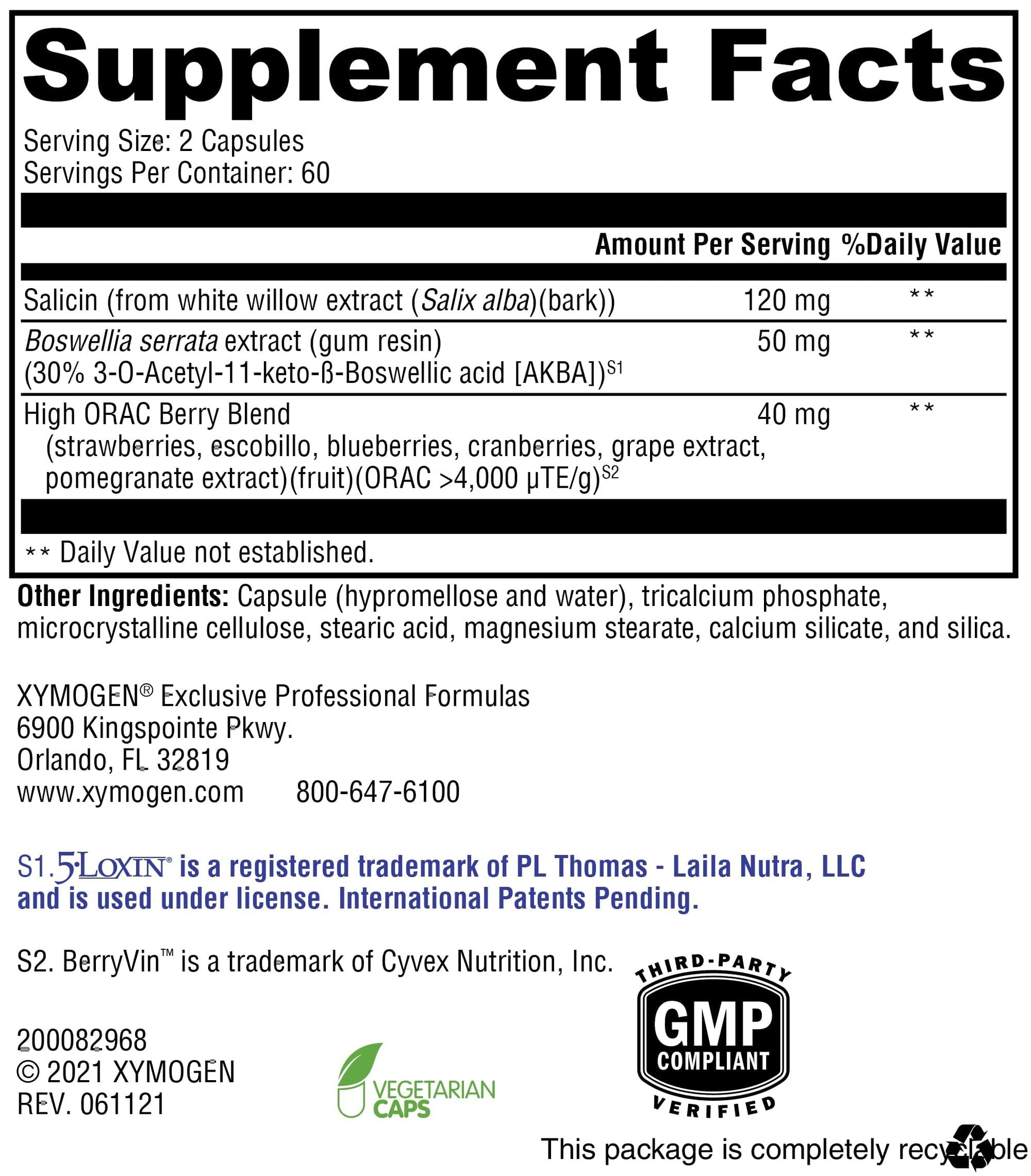 XYMOGEN Saloxicin - Antioxidant Support Supplement - Grape Seed Extract, Pomegranate Fruit & Cranberry Supplement - White Willow Bark & Boswellia Extract - 120 Capsules XYMOGENAu supplements