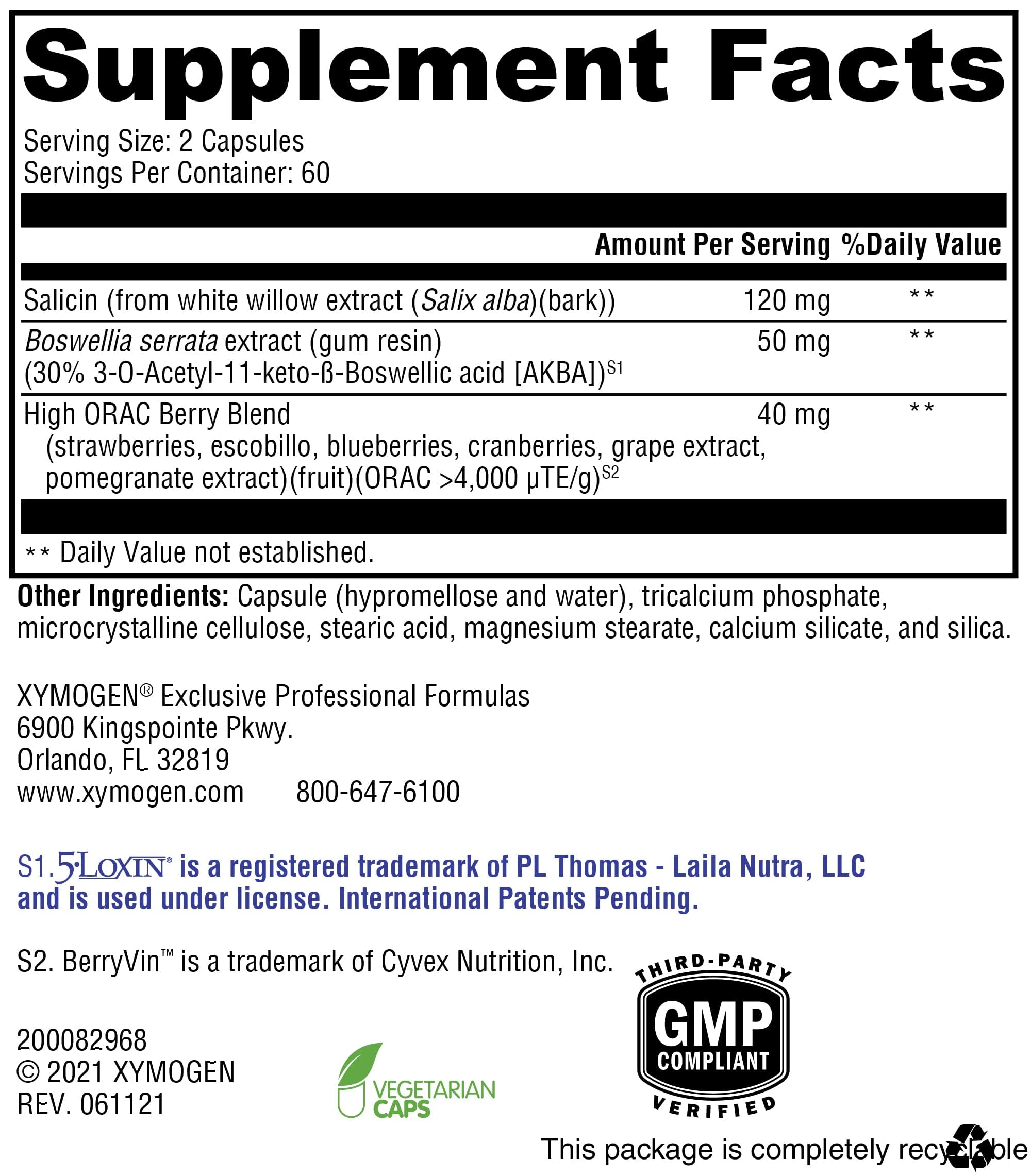 XYMOGEN Saloxicin - Antioxidant Support Supplement - Grape Seed Extract, Pomegranate Fruit & Cranberry Supplement - White Willow Bark & Boswellia Extract - 120 Capsules XYMOGENAu supplements