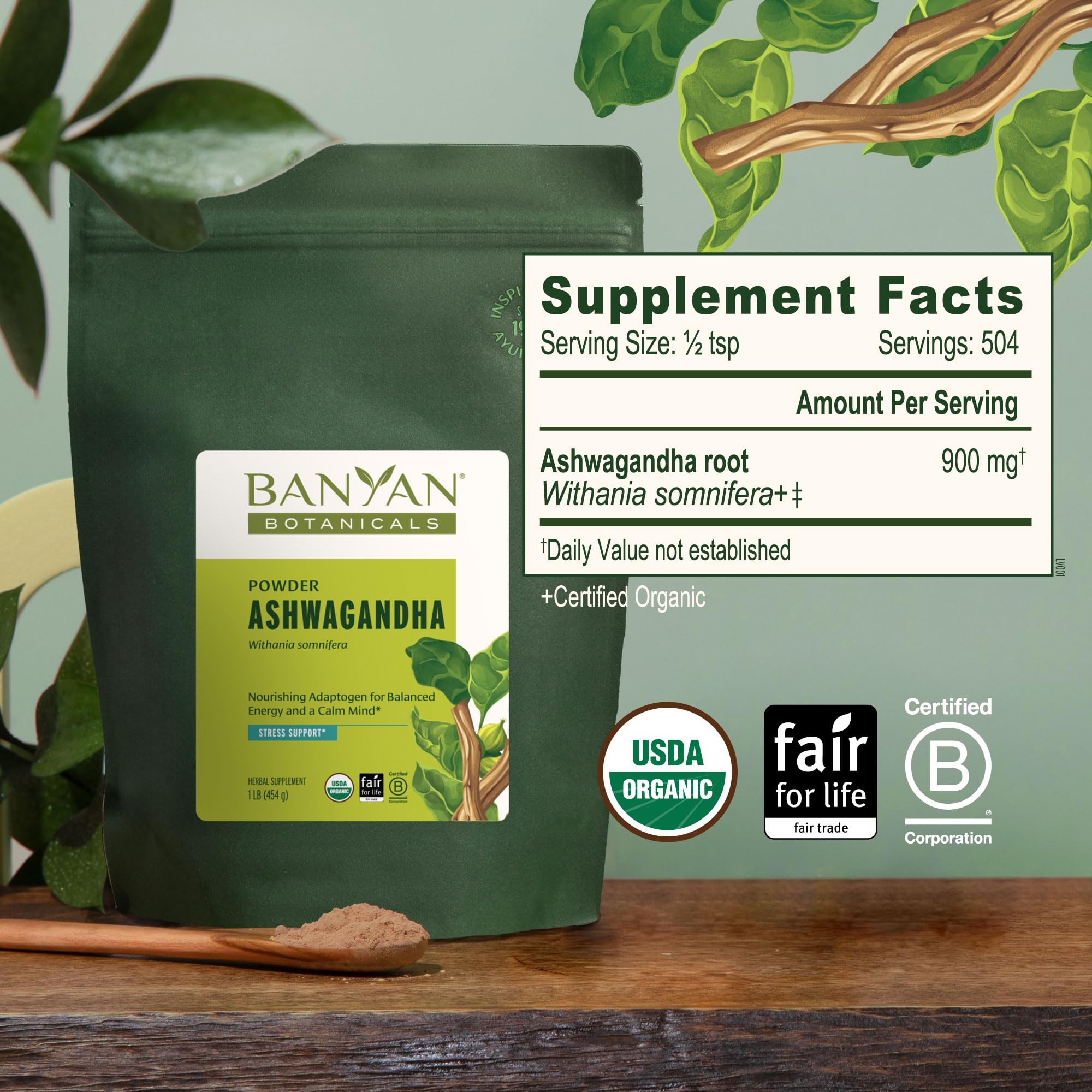 Banyan Botanicals Organic Ashwagandha Root Powder–1lb Bulk (504 Servings)Natural Cortisol Manager & Adrenal Support–Stress Relief, Better Sleep & Energy–Adaptogen for Smoothies & Moon Milk–Vegan,FFL* Banyan BotanicalsAu supplements