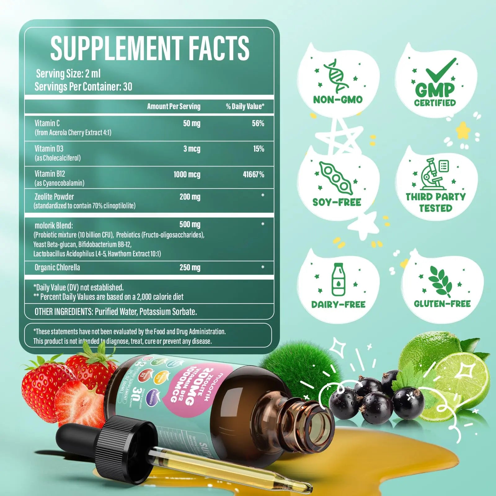 Zeolite Detox for Kids and Adults, 200mg Zeolite Liquid Drops with 1000mcg Vitamin B12, Organic Chlorella, 10 billion CFU & Prebiotics for Gut Support & Speech, Immune, Bone, Energy*, Strawberry, 60ML molorik purenz supplements