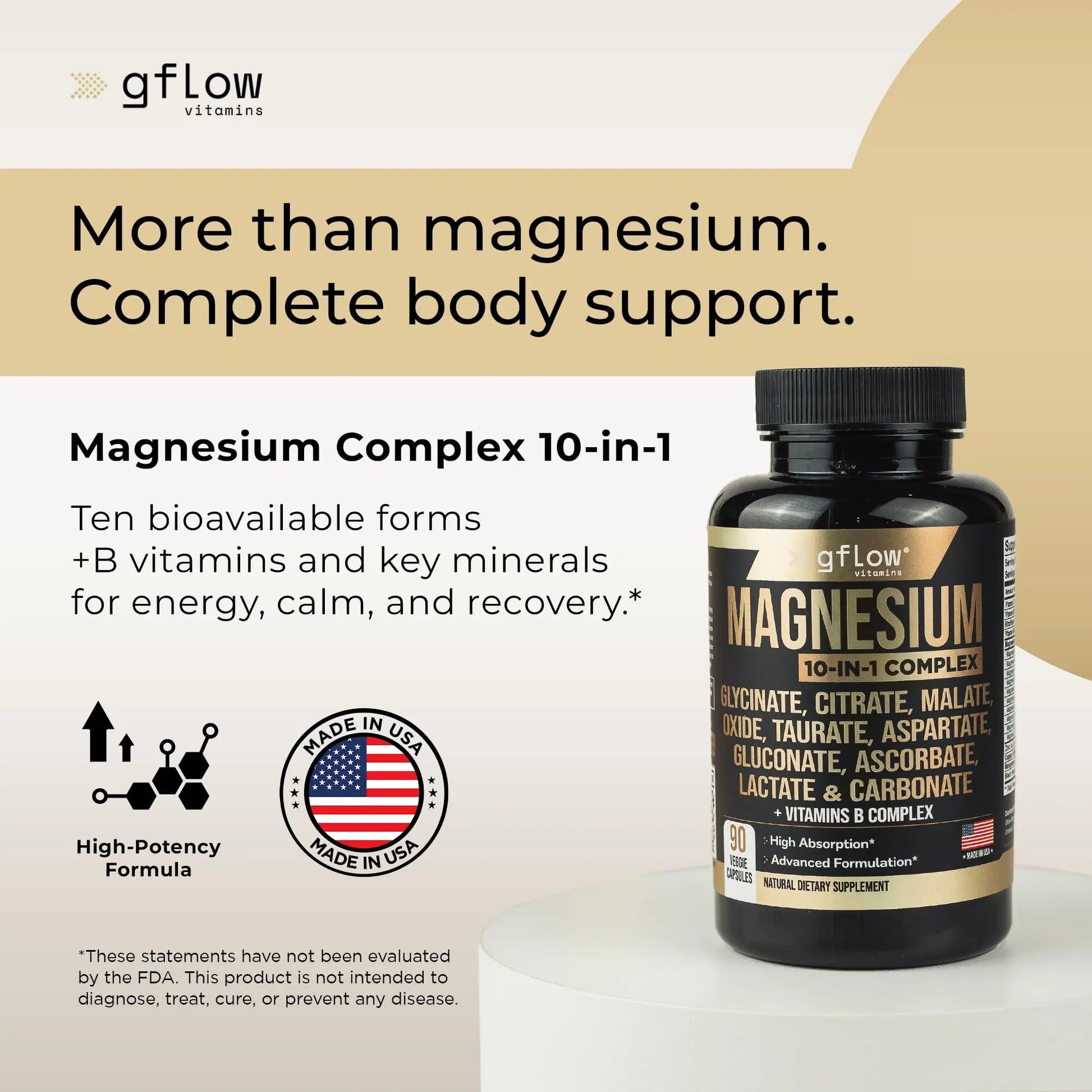 gflow vitamins Magnesium Complex Supplement - 10 Active Forms, Glycinate, Citrate, Malate, Oxide, Taurate, Aspartate, Gluconate, Ascorbate, Lactate, Carbonate, Plus More with Vitamin C B1 B2 B6 B12 gflow vitaminsnz supplements