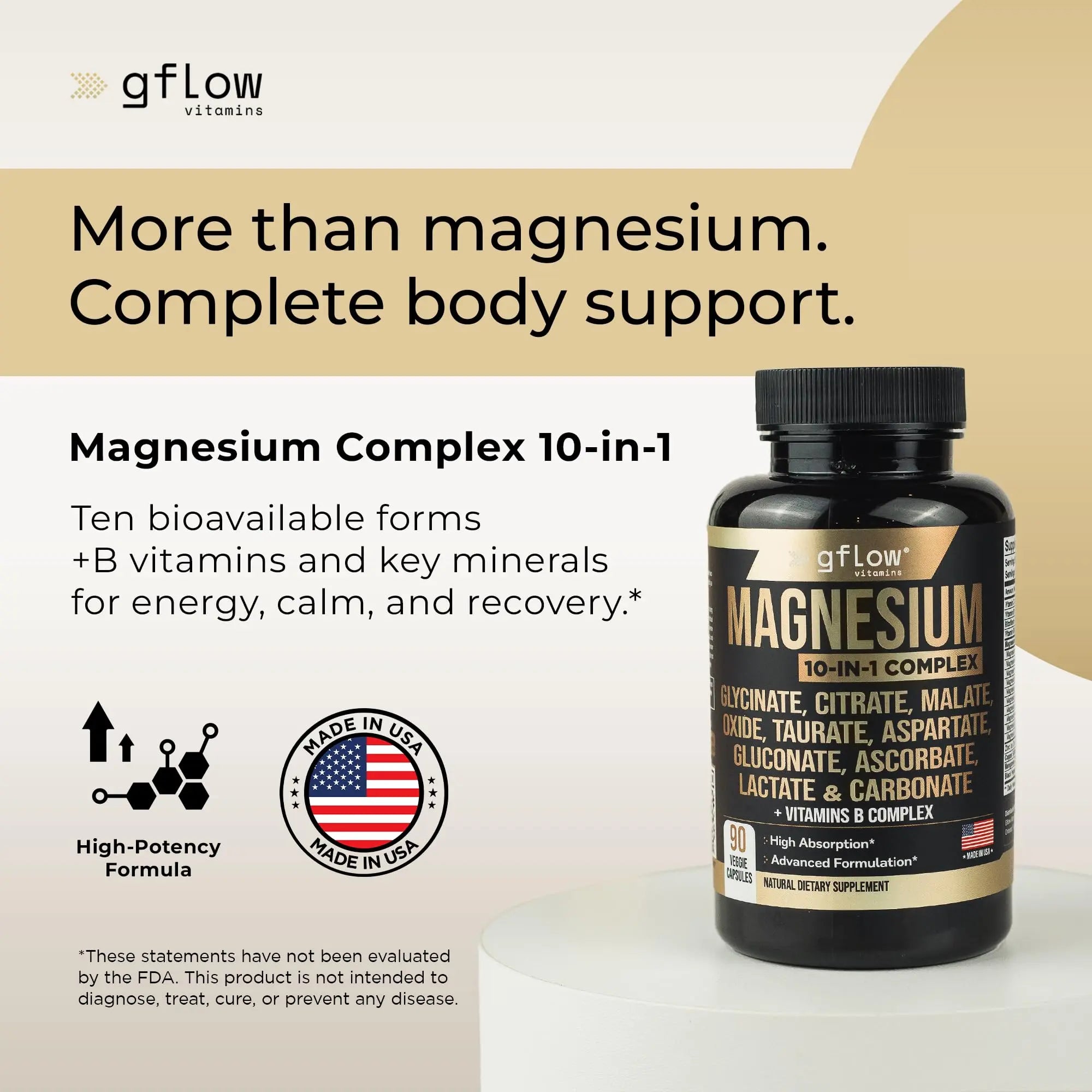 gflow vitamins Magnesium Complex Supplement - 10 Active Forms, Glycinate, Citrate, Malate, Oxide, Taurate, Aspartate, Gluconate, Ascorbate, Lactate, Carbonate, Plus More with Vitamin C B1 B2 B6 B12 gflow vitaminsnz supplements