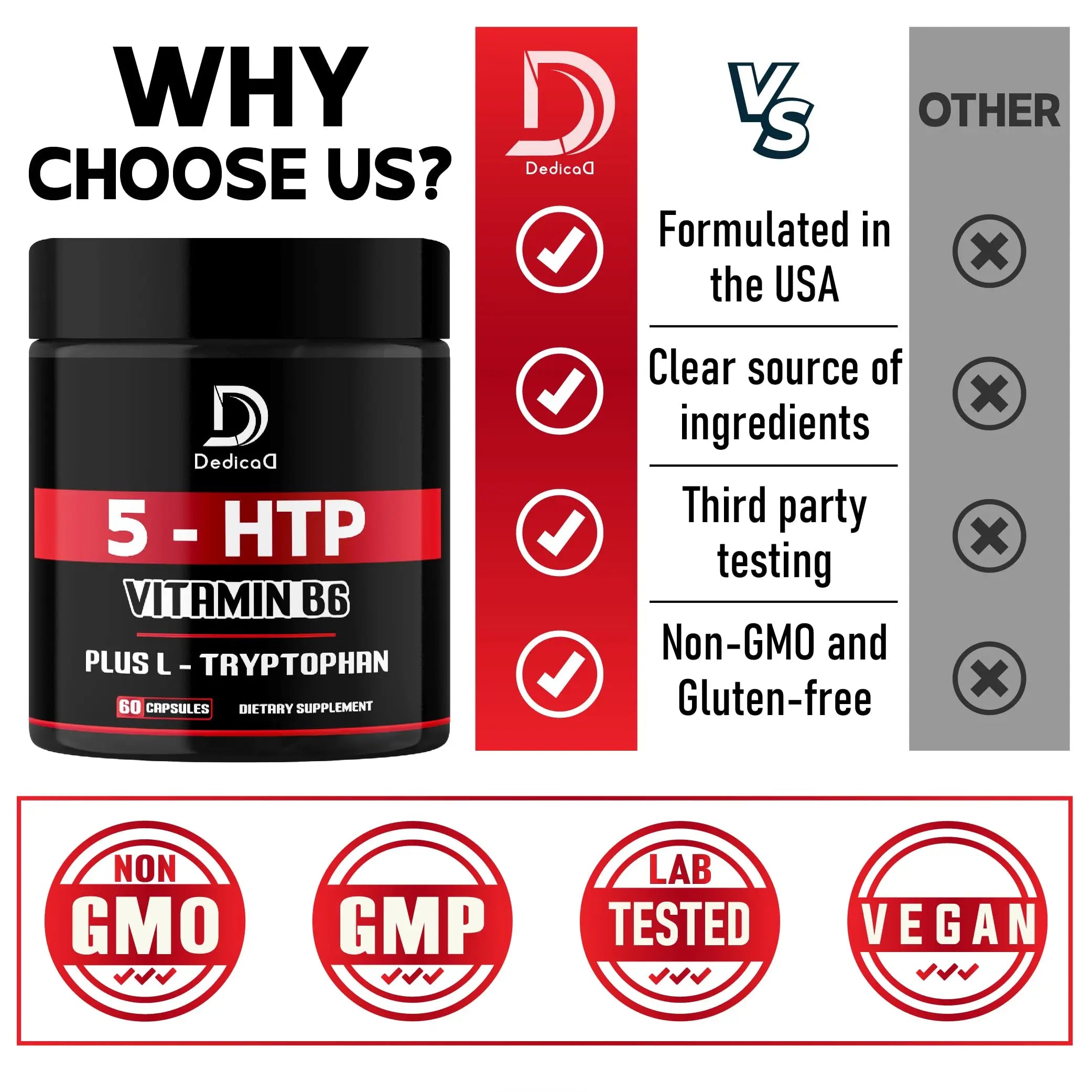 DEDICAD 5 HTP Supplement 1010mg - 60 Capsules - 3in1 Combined with Vitamin B6, L-Tryptophan - Comfortable Mood, Brain Health, Body Management & Immune System Support DEDICADnz supplements