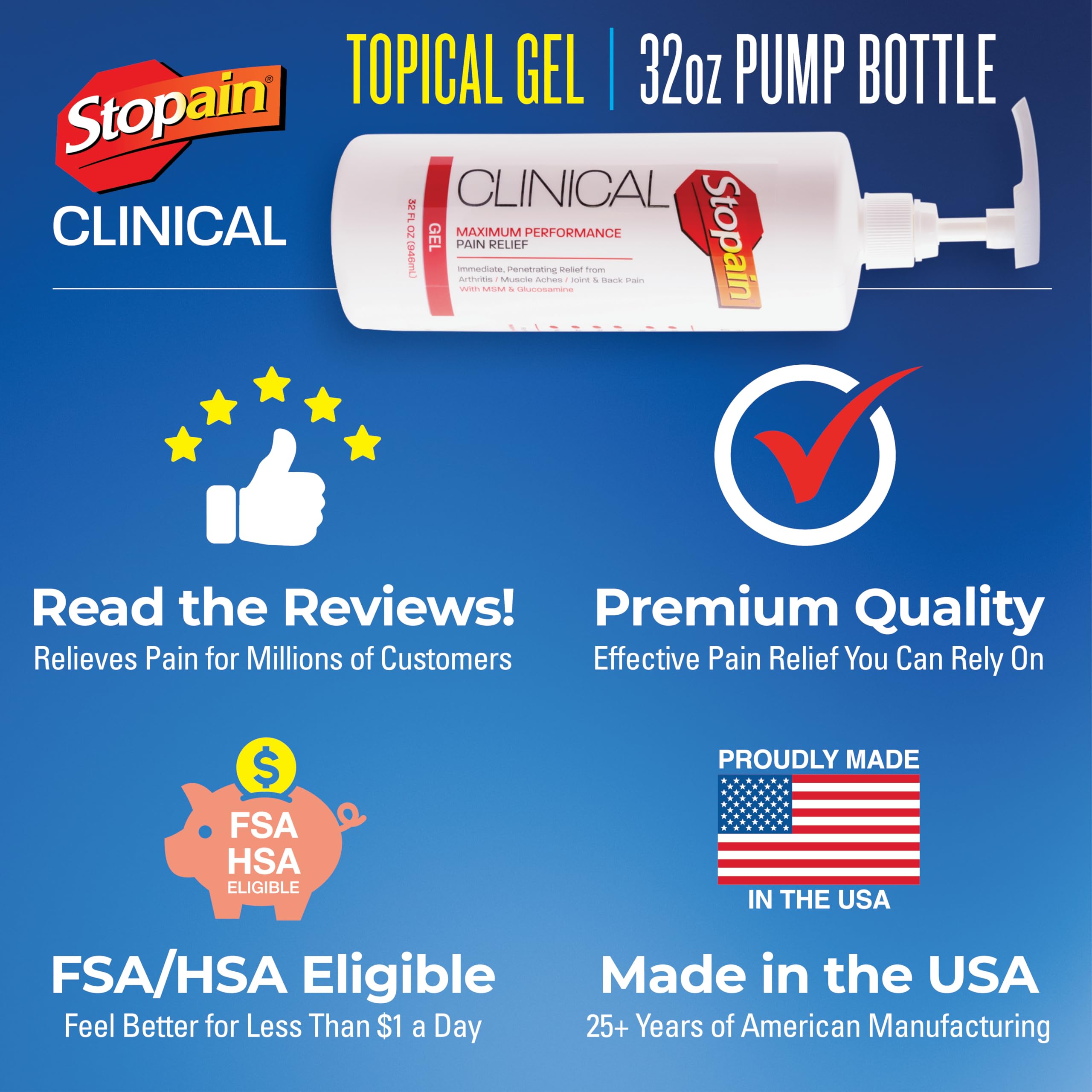 Stopain Clinical Pain Relief Gel 32 oz - Professional Formula for Arthritis, Knee, Back & Muscle Pain - Maximum Strength Gel for Joint & Nerve Pains with 10% Menthol Plus Glucosamine - Made in USA StopainAu supplements