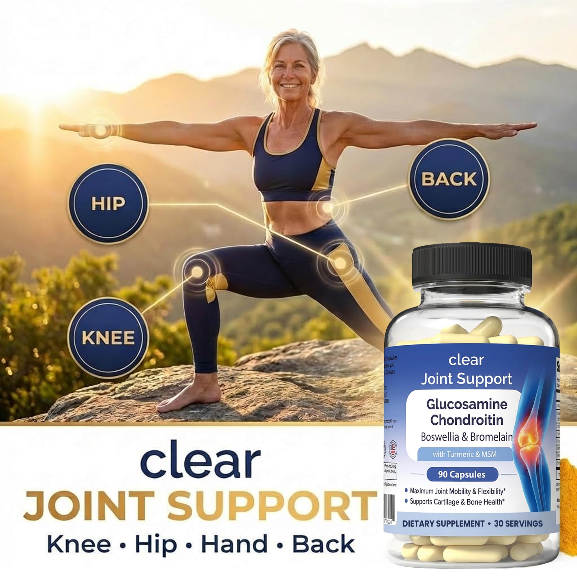 Clear Joint Support - 3-Month Supply | 3-Pack (270 Capsules) | Glucosamine Chondroitin MSM, Turmeric & Boswellia | Supports Knee, Hip & Back Health | Made in USA Clear ProbioticsAu supplements