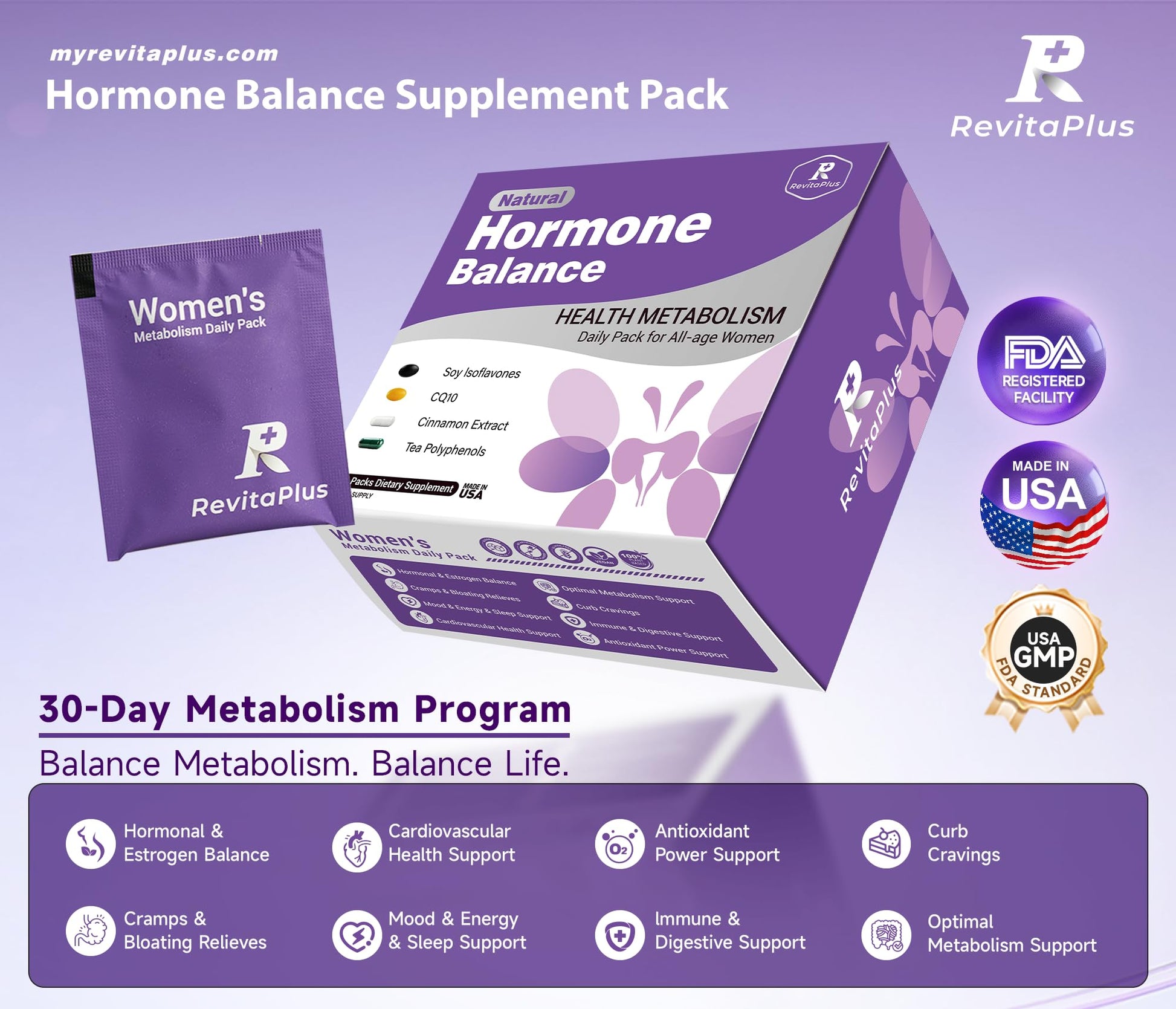 Natural Hormone Balance for Women, Menopause Supplements for Women with Evening Primrose Oil,CoQ10,Soy Isoflavones, Daily Pack Supports Peri+Menopause+Post, PMS,Metabolism,Mood,Energy 30Packs RevitaPlusAu supplements