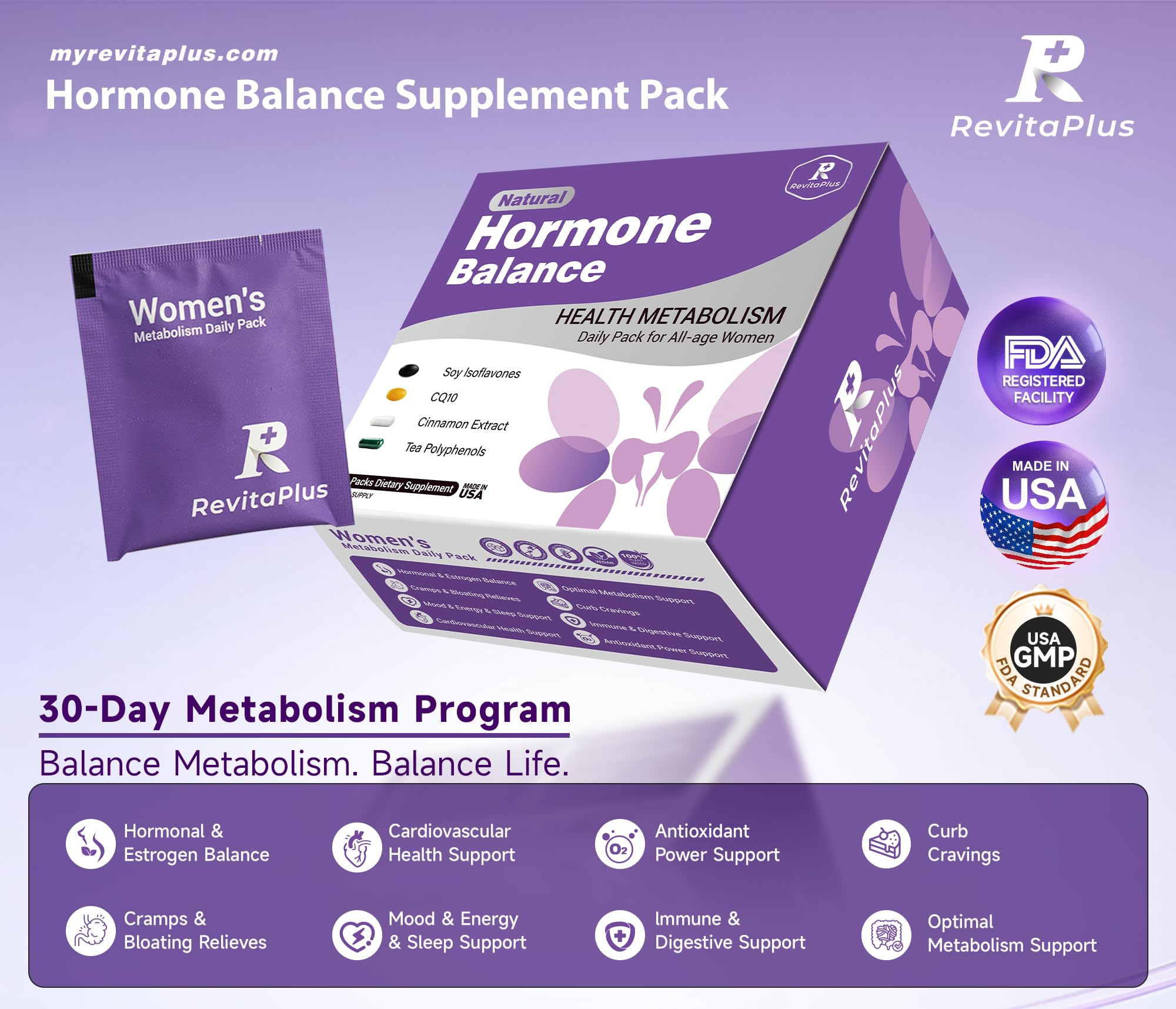 Natural Hormone Balance for Women, Menopause Supplements for Women with Evening Primrose Oil,CoQ10,Soy Isoflavones, Daily Pack Supports Peri+Menopause+Post, PMS,Metabolism,Mood,Energy 30Packs RevitaPlusAu supplements