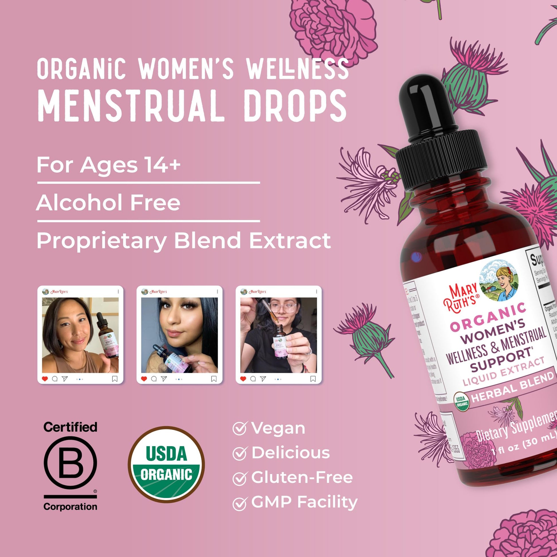 MaryRuth Organics USDA Organic Women's Wellness Liquid Herbal Supplements | Includes Stinging Nettle, Raspberry Leaf, Eleuthero Root, Chaste Tree Berry | Menstrual Support | Non-GMO, Vegan MARYRUTH'SUS supplements