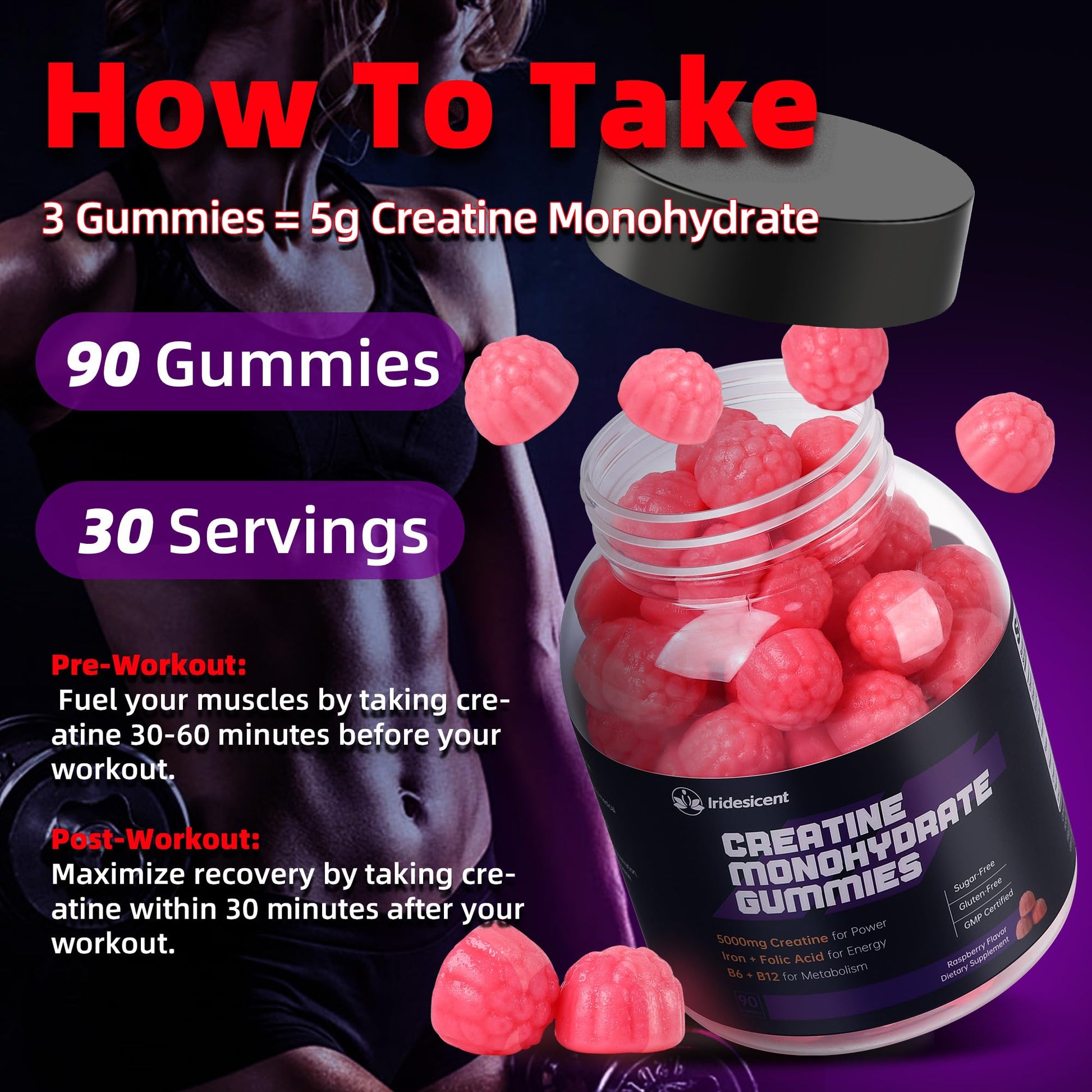 IRIDESICENT Creatine Monohydrate Gummies 5000mg w/Iron, Vitamin B6 & B12, Sugar Free 5g Creatine Supplements for Women and Men Boost Energy & Muscle Recovery - 90 Raspberry Gummies IRIDESICENTAu supplements