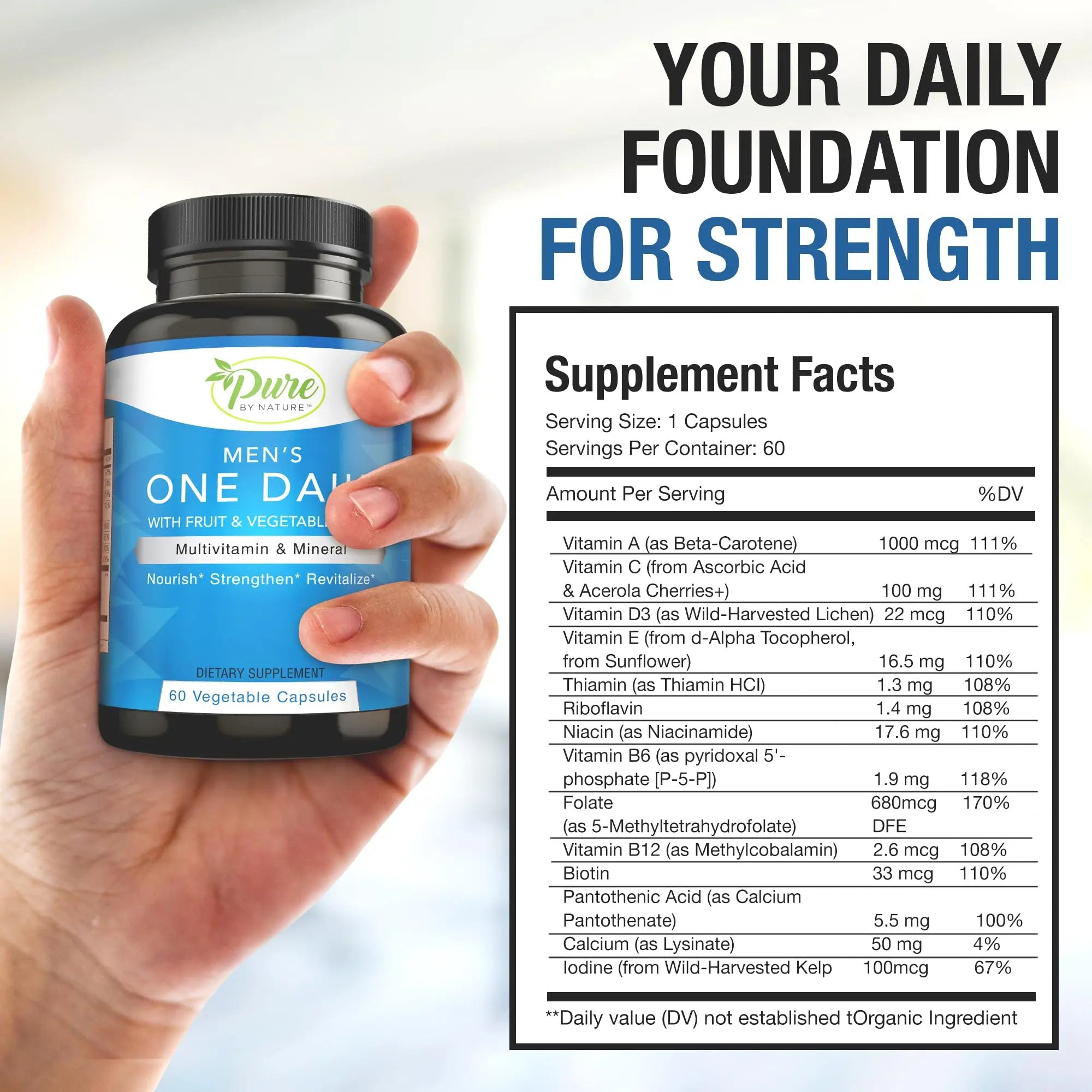 Pure By Nature One-Daily Multivitamin for Men, Immune Support Supplement with Non-GMO Ingredient, Vitamin & Minerals for Energy, 60 Veggie Capsules Pure By NatureAu supplements